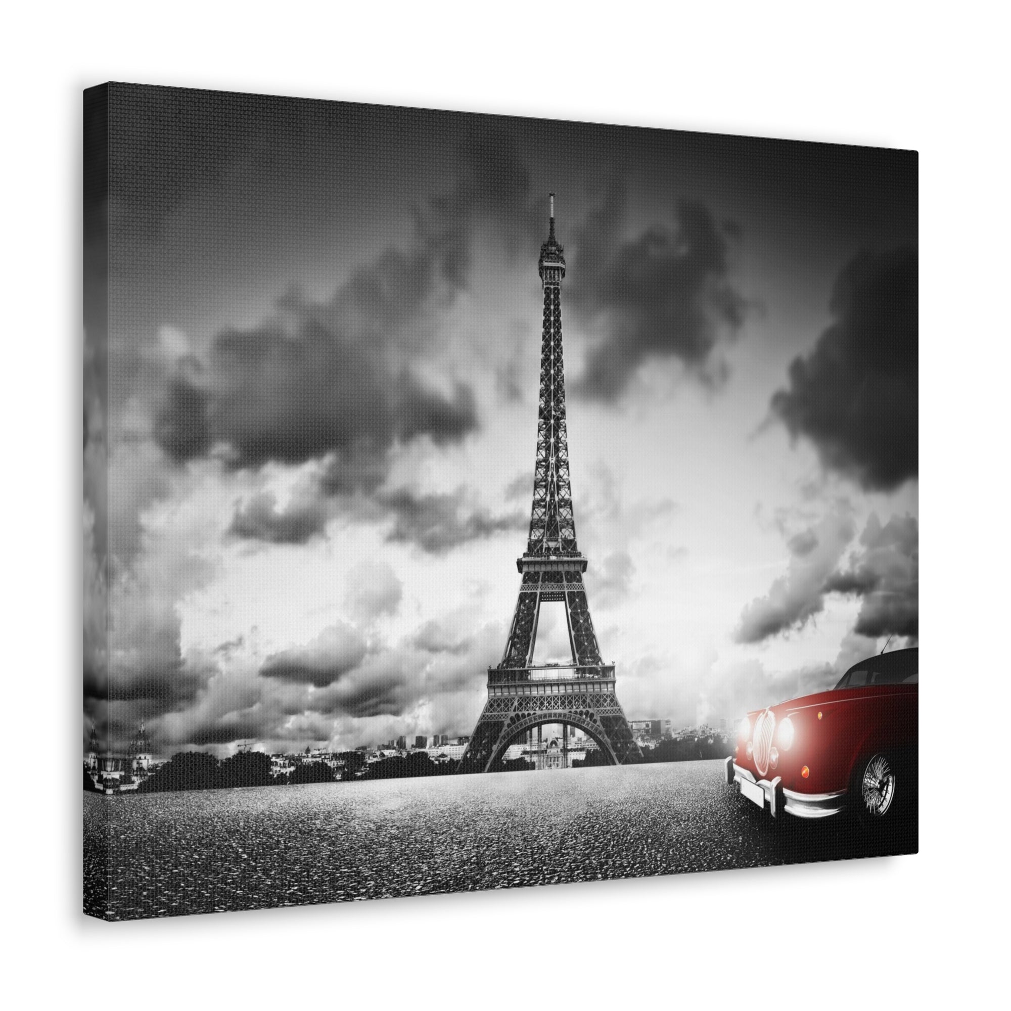 Artistic Image of Eiffel Tower And Red Retro Car Paris Eiffel Tower Couple France Canvas Artwork High-Quality Breathtaking French City for Home Decor Ready to Hang-Express Your Love Gifts