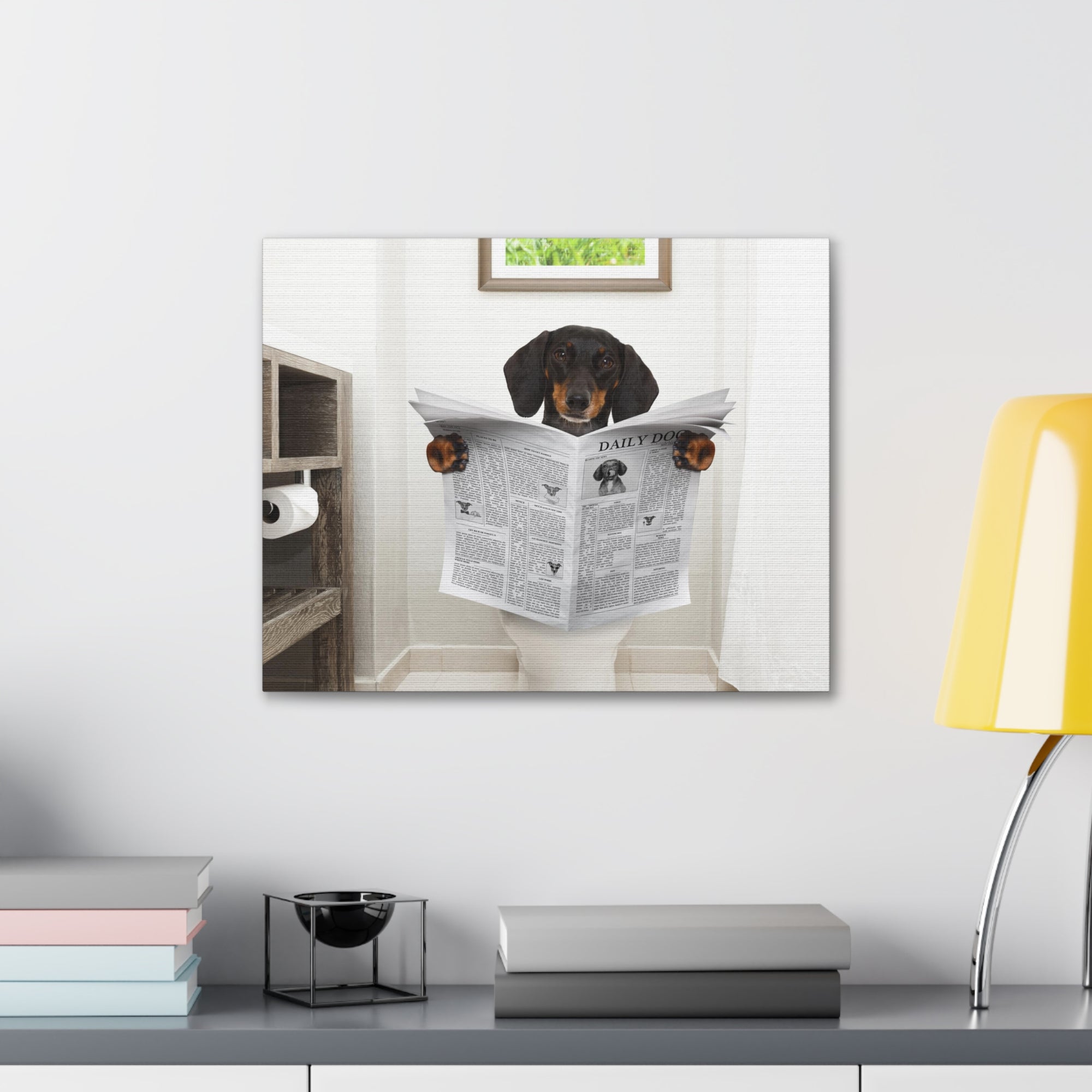 Dachshund Or Sausage Dog Reading Newspaper On Toilet Funny Canvas Wall Art for Home Decor Ready-to-Hand-Express Your Love Gifts