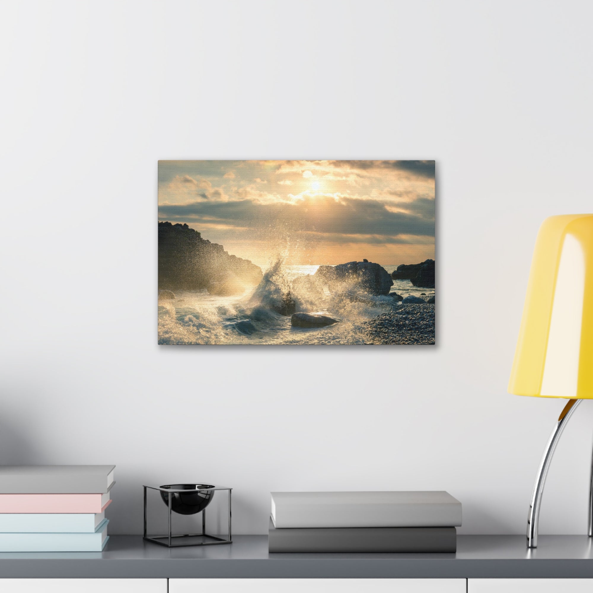 Big Wave Hit Rock At Beach Sunset Seascape Ocean Canvas Wall Art for Home Decor Ready-to-Hang-Express Your Love Gifts