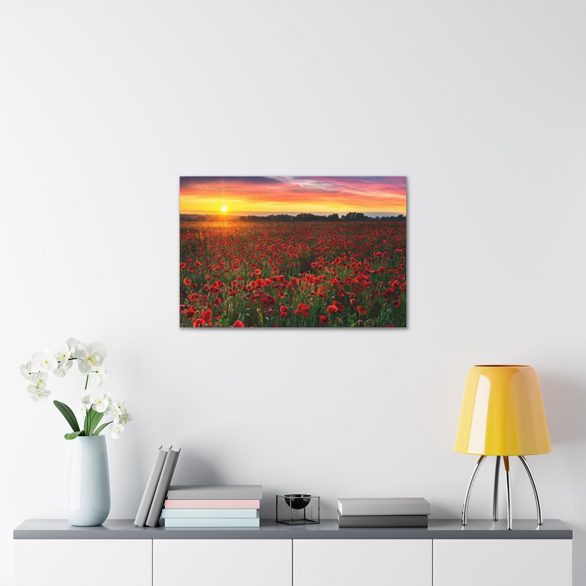 Beautiful Poppy Field During Sunrise Flower Canvas Wall Art for Home Decor Ready-to-Hang-Express Your Love Gifts