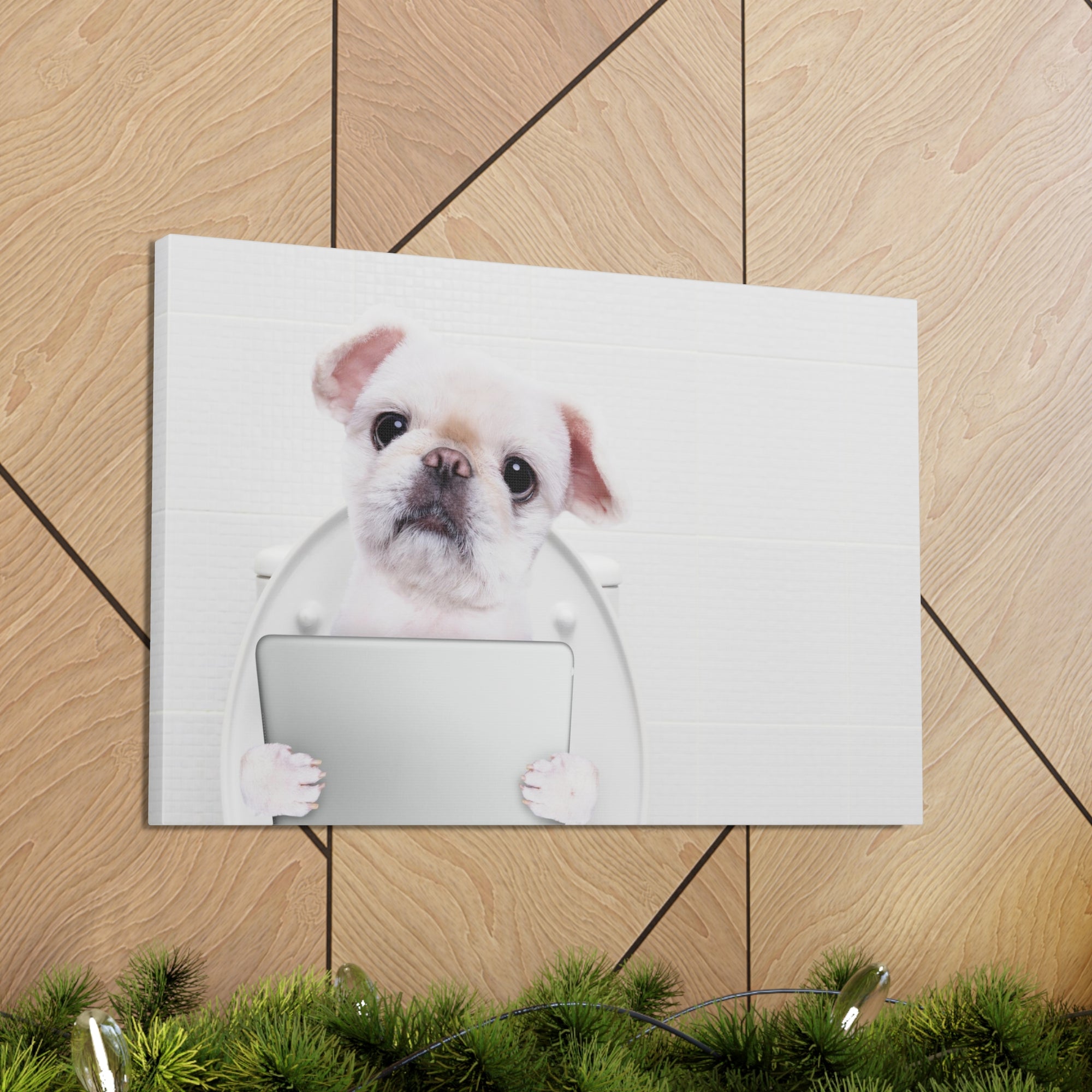 Cute Dog Holding Tablet PC Sitting On Toilet Funny Canvas Wall Art for Home Decor Ready-to-Hand-Express Your Love Gifts