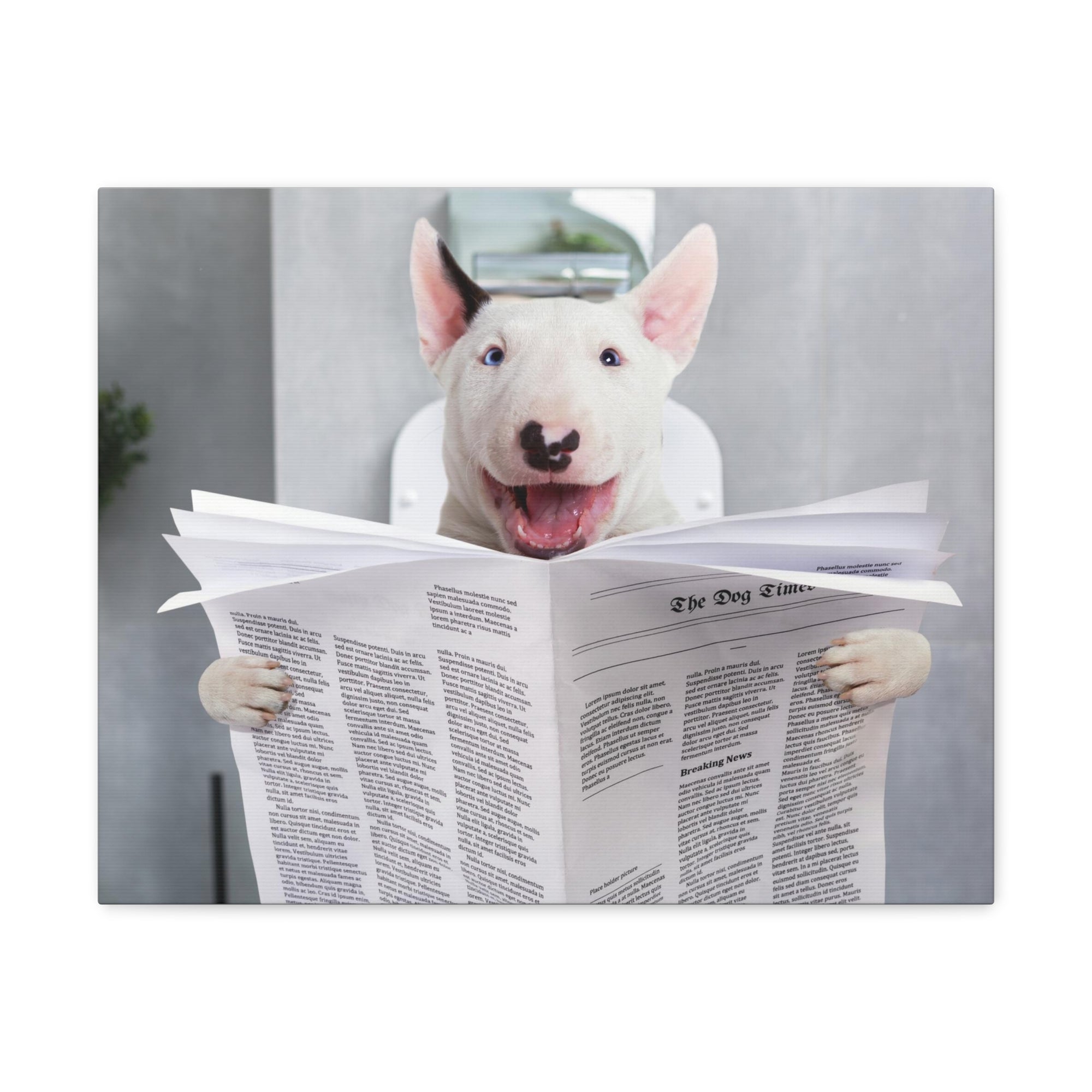 Smiling Bullterrier Reading Newspaper On Toilet Funny Canvas Wall Art for Home Decor Ready-to-Hand-Express Your Love Gifts