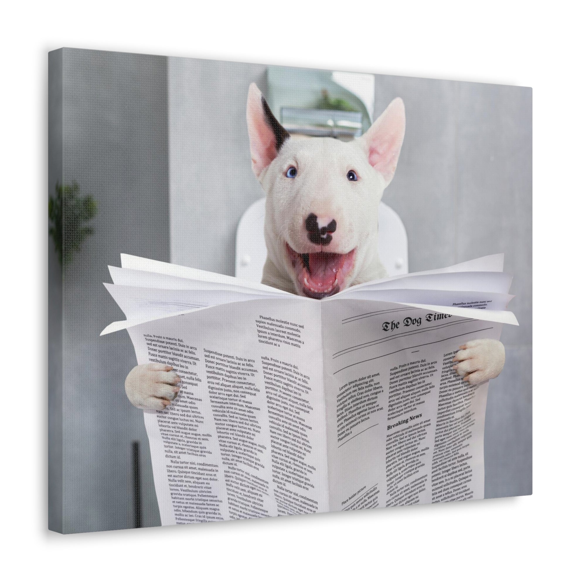 Smiling Bullterrier Reading Newspaper On Toilet Funny Canvas Wall Art for Home Decor Ready-to-Hand-Express Your Love Gifts