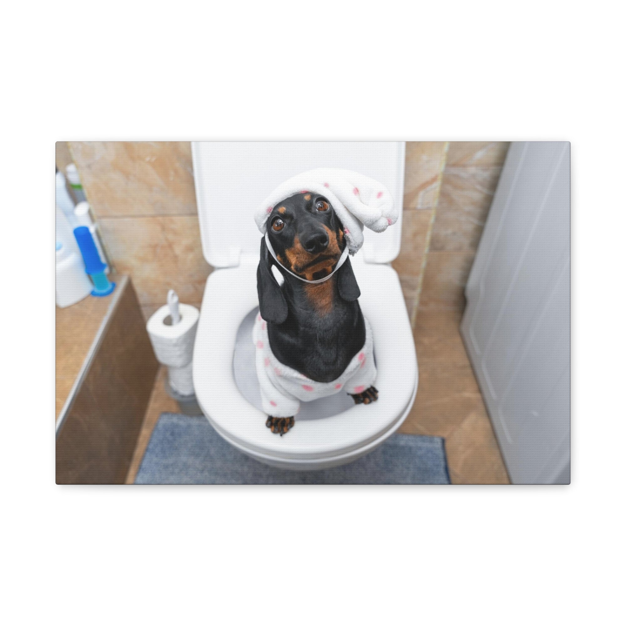 Dachshund Toilet Training In Pajamas On Toilet Funny Canvas Wall Art for Home Decor Ready-to-Hand-Express Your Love Gifts