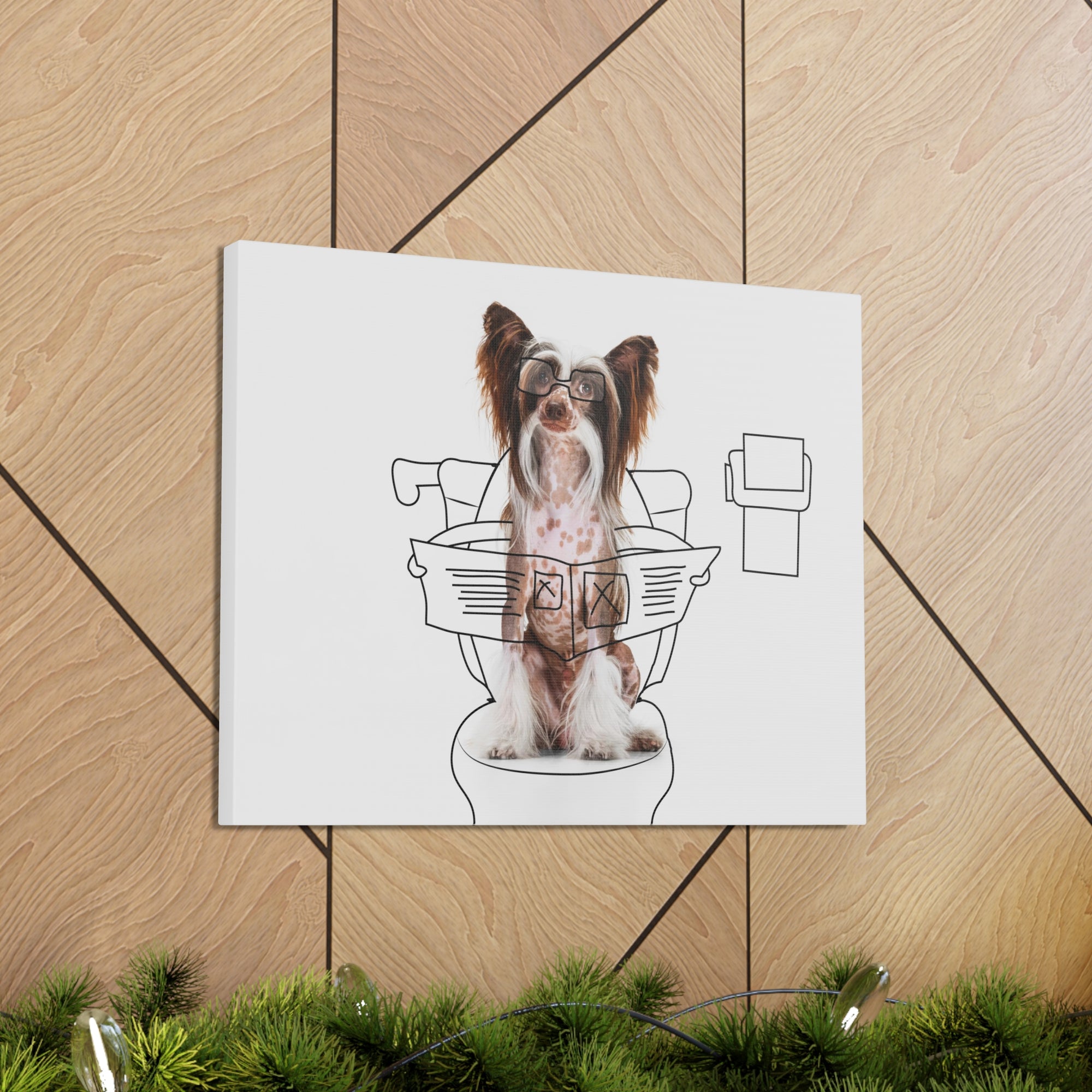 Chinese Crested Reading Newspaper On Toilet Funny Canvas Wall Art for Home Decor Ready-to-Hand-Express Your Love Gifts