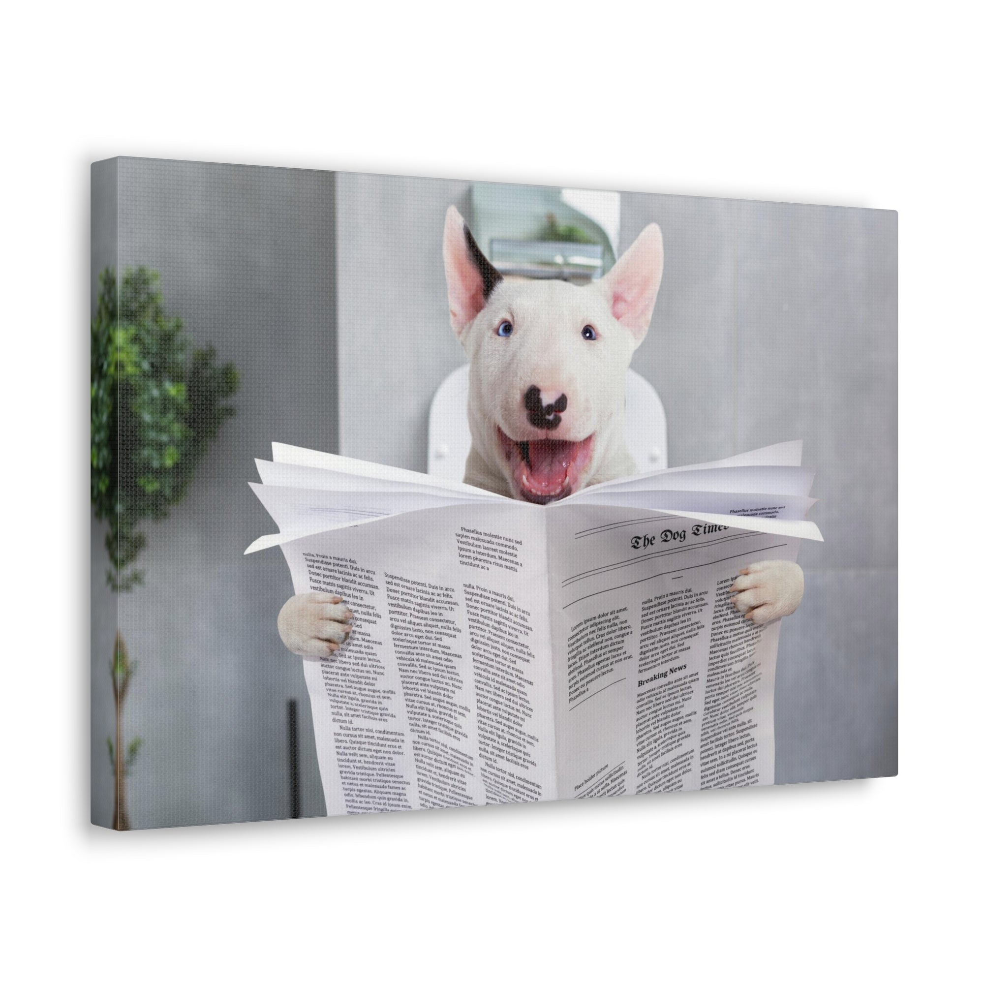 Smiling Bullterrier Reading Newspaper On Toilet Funny Canvas Wall Art for Home Decor Ready-to-Hand-Express Your Love Gifts