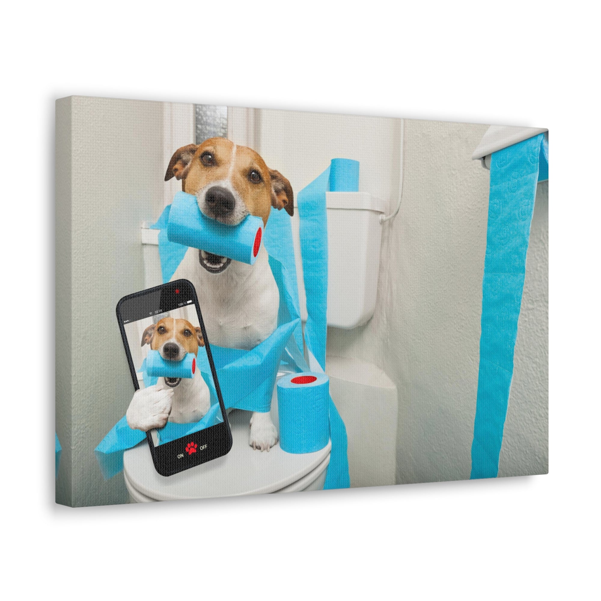 Jack Russell Terrier Holding Phone On Toilet Funny Canvas Wall Art for Home Decor Ready-to-Hand-Express Your Love Gifts