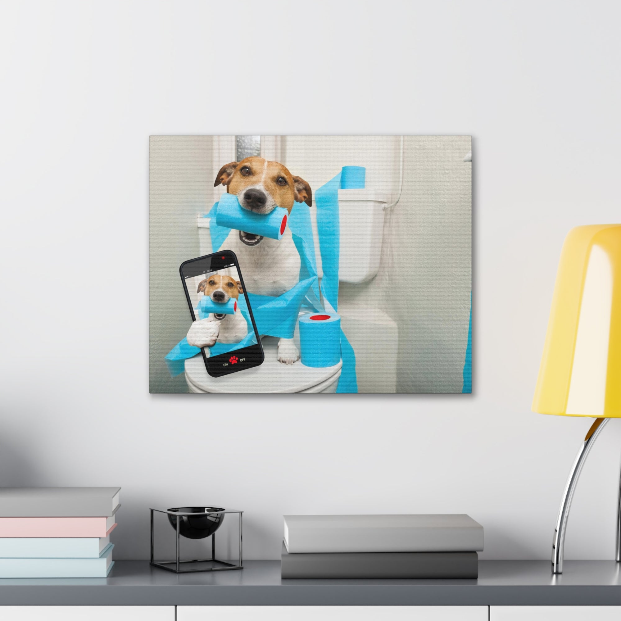 Jack Russell Terrier Holding Phone On Toilet Funny Canvas Wall Art for Home Decor Ready-to-Hand-Express Your Love Gifts