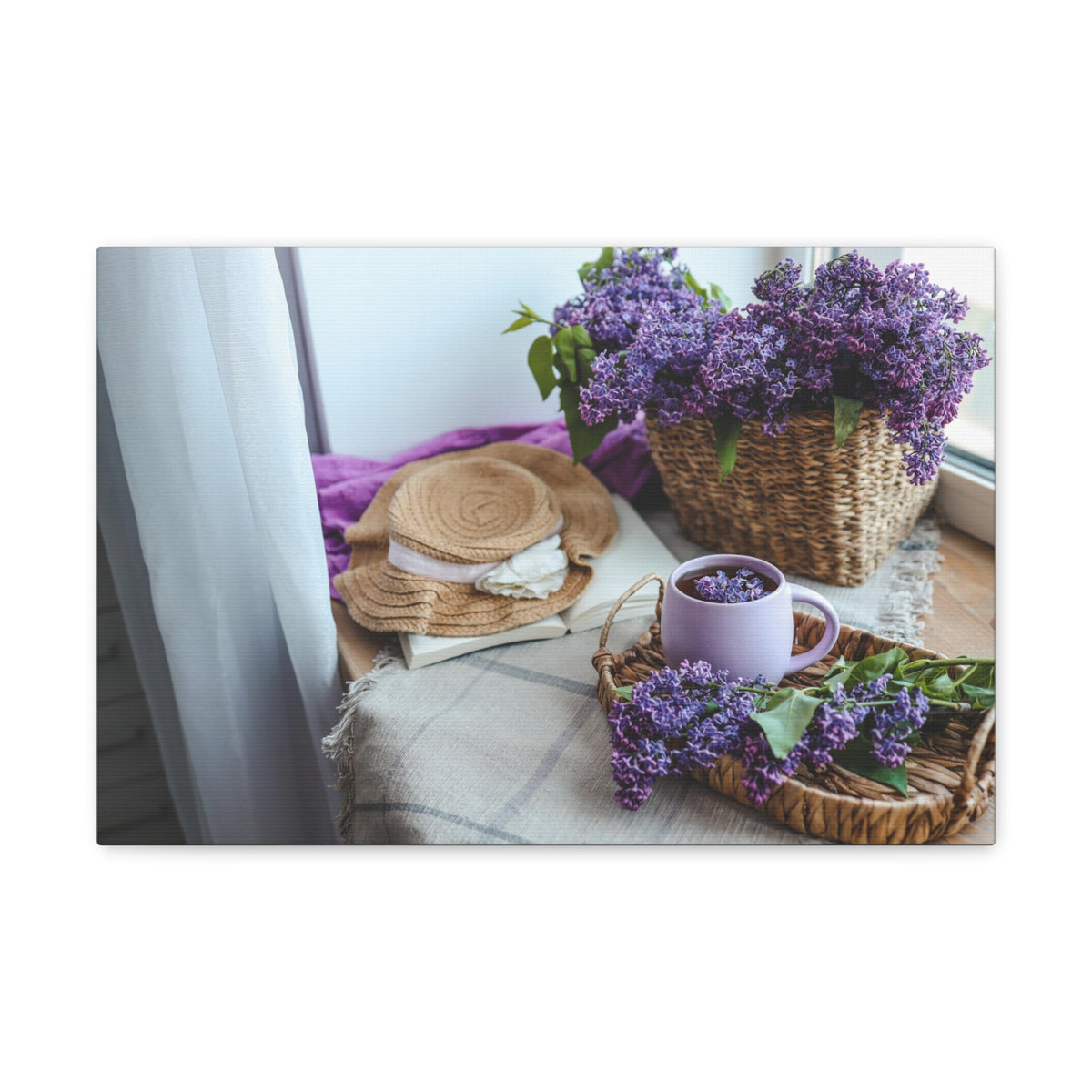 Basket Of Lilacs Straw Hat Teacup On Table Country Background Canvas Wall Art for Home Decor Ready-to-Hang-Express Your Love Gifts