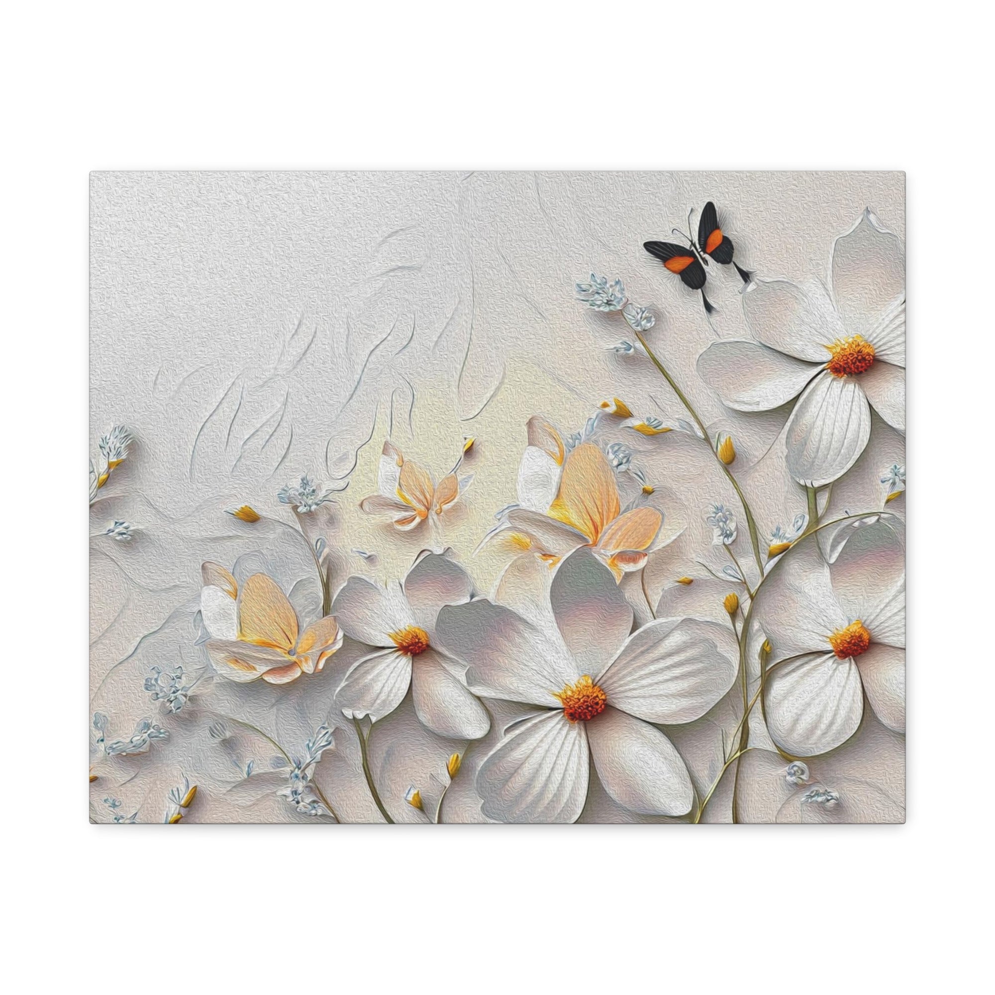 3D Abstract Small And Large White Flowers With Butterflies Oil Painting Canvas Wall Art for Home Decor Ready-to-Hang-Express Your Love Gifts