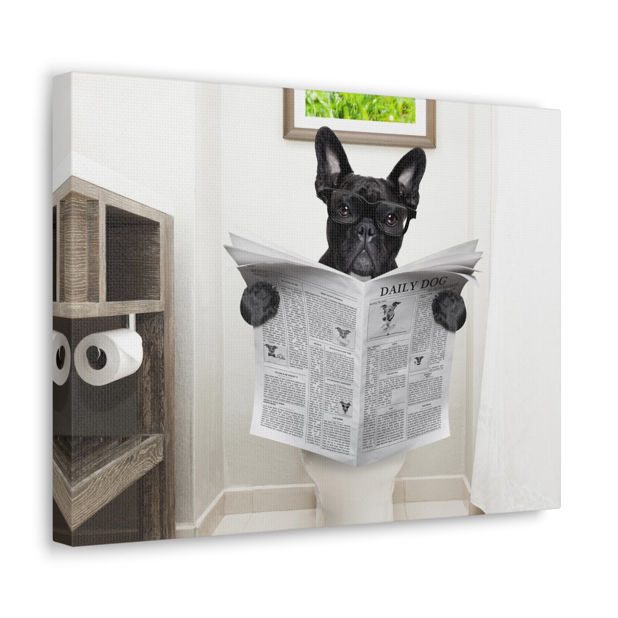 French Bulldog Reading Newspaper On Toilet Funny Canvas Wall Art for Home Decor Ready-to-Hand-Express Your Love Gifts