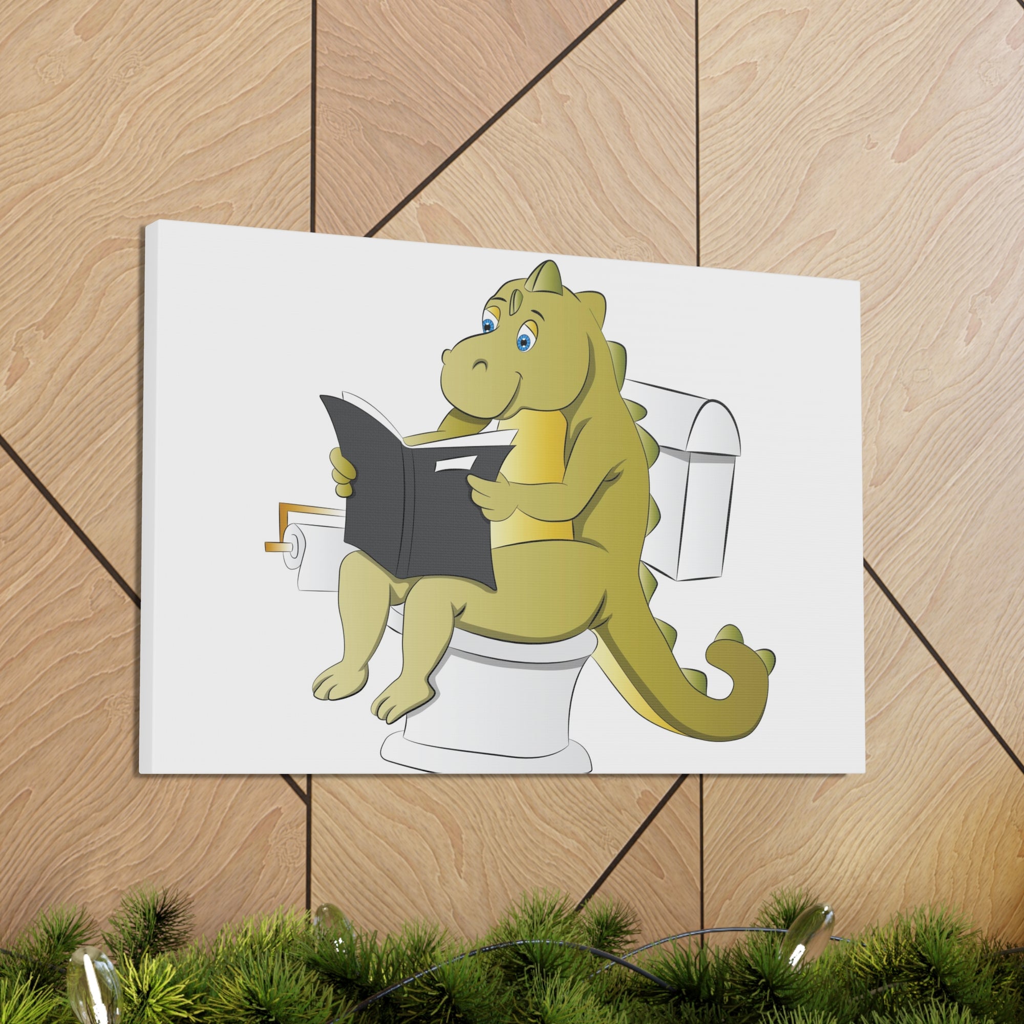 Dinosaur Sitting Reading Newspaper On Toilet Funny Canvas Wall Art for Home Decor Ready-to-Hand-Express Your Love Gifts