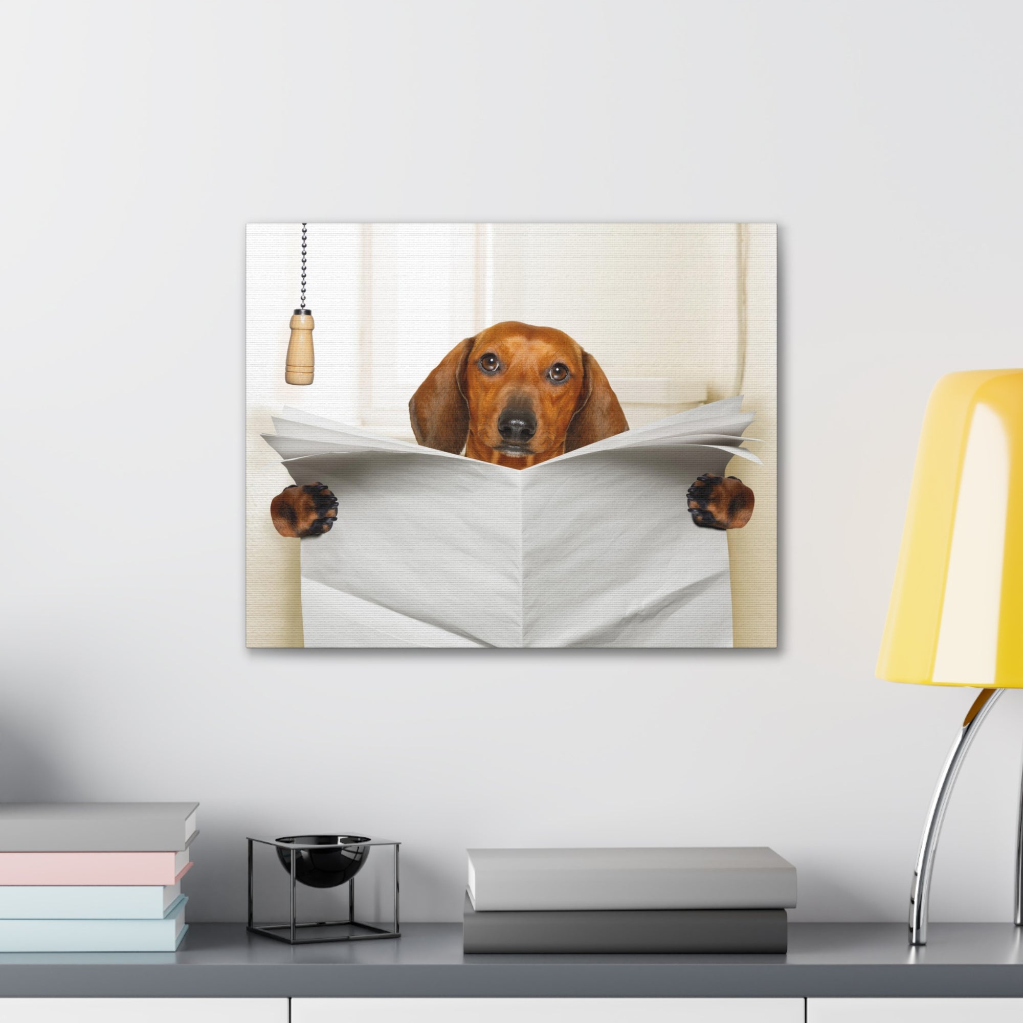 Funny Sausage Dachshund Reading Blank Paper On Toilet Funny Canvas Wall Art for Home Decor Ready-to-Hand-Express Your Love Gifts