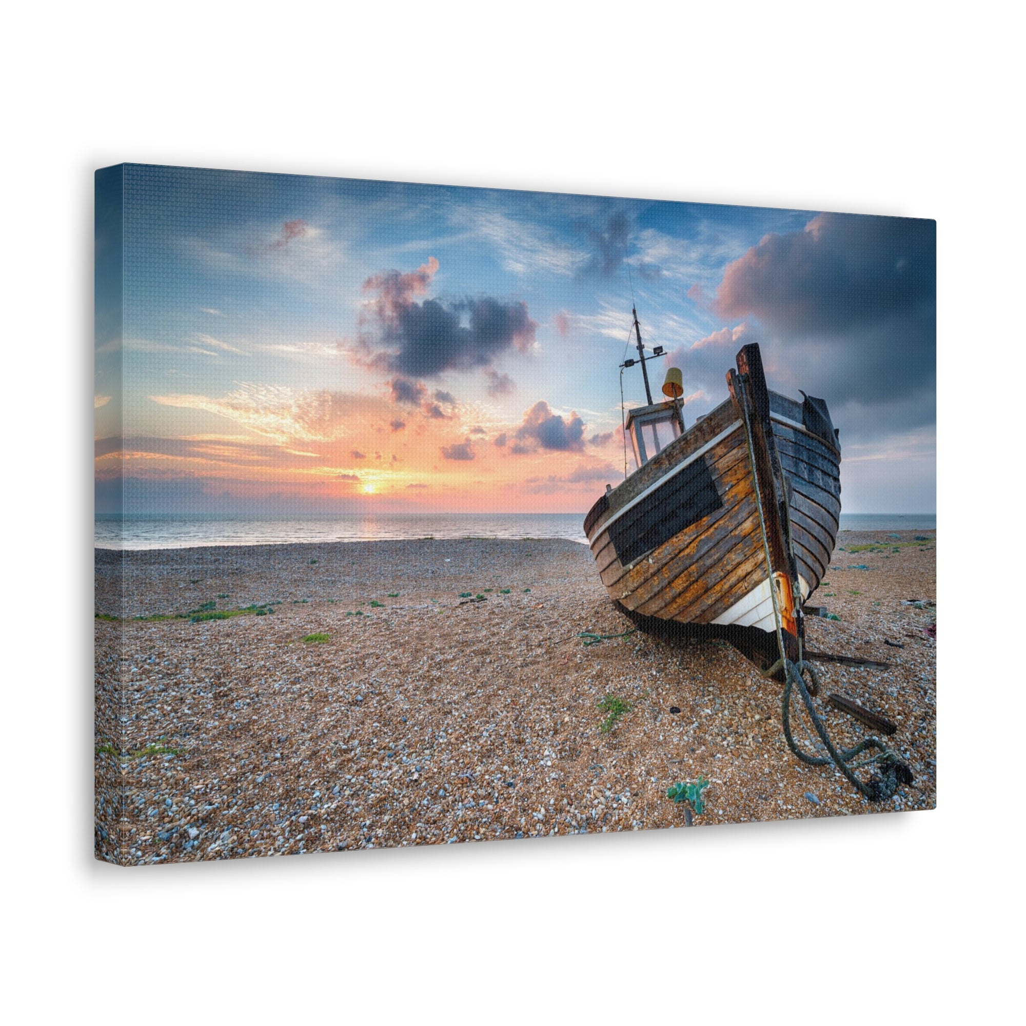 Beautiful Sunrise Wooden Fishing Boat Ocean Canvas Wall Art for Home Decor Ready-to-Hang-Express Your Love Gifts