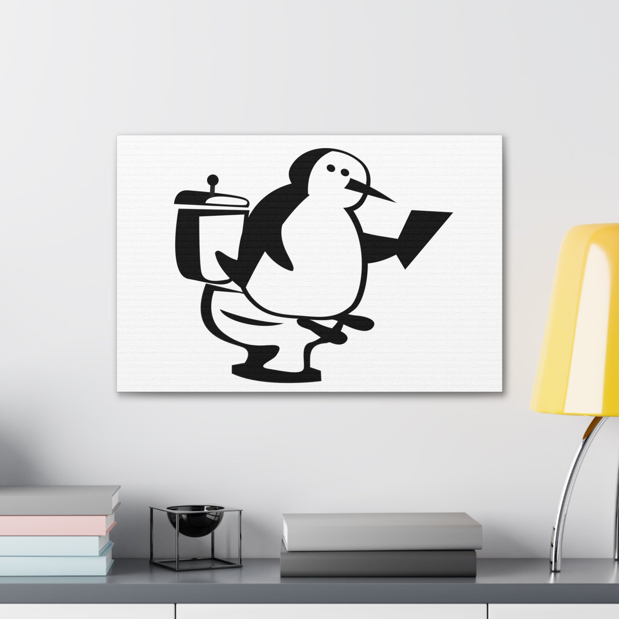 Cartoon Penguin Reading Newspaper On Toilet Funny Canvas Wall Art for Home Decor Ready-to-Hand-Express Your Love Gifts