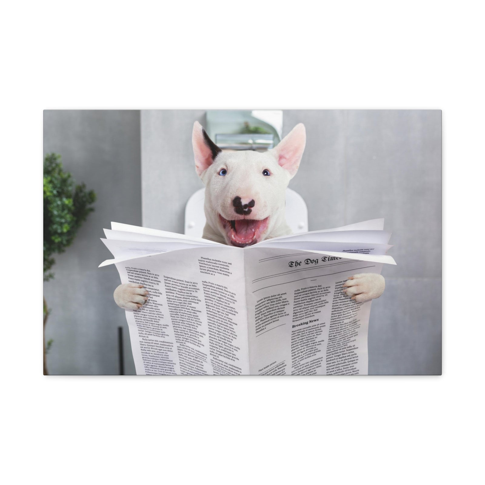 Smiling Bullterrier Reading Newspaper On Toilet Funny Canvas Wall Art for Home Decor Ready-to-Hand-Express Your Love Gifts