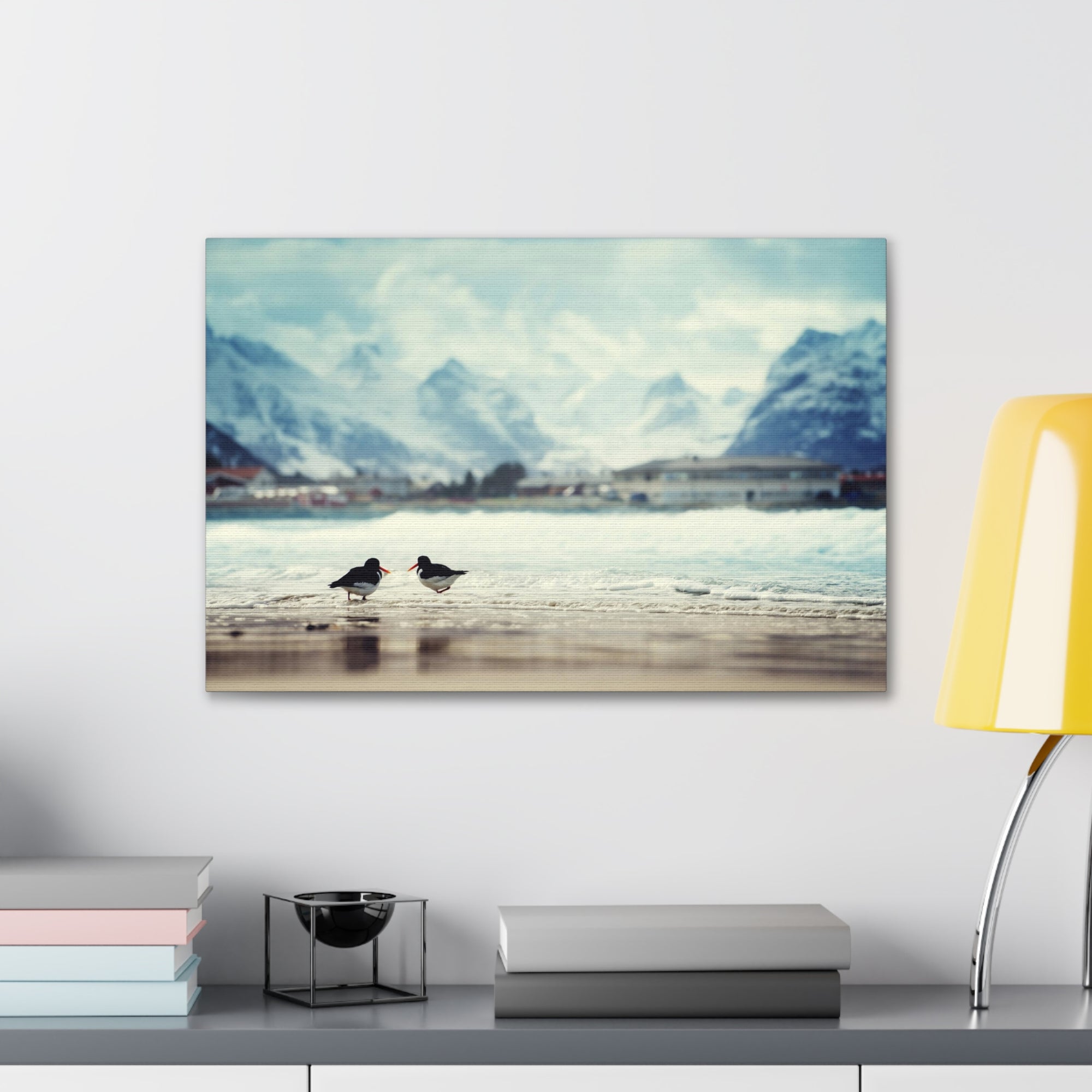 Birds And Mountain Peak On Lofoten Beach In Spring Canvas Wall Art for Home Decor Ready-to-Hang-Express Your Love Gifts