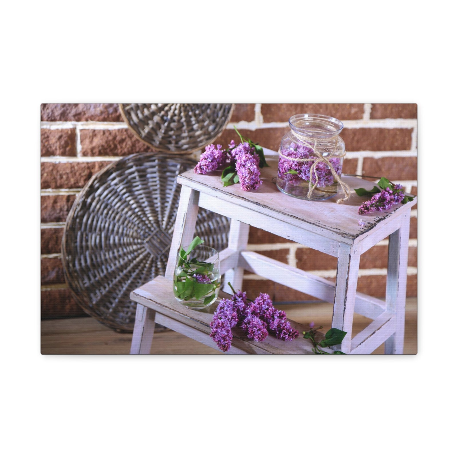 Beautiful Lilac Flowers On Wooden Ladder Rustic Design Canvas Wall Art for Home Decor Ready-to-Hang-Express Your Love Gifts