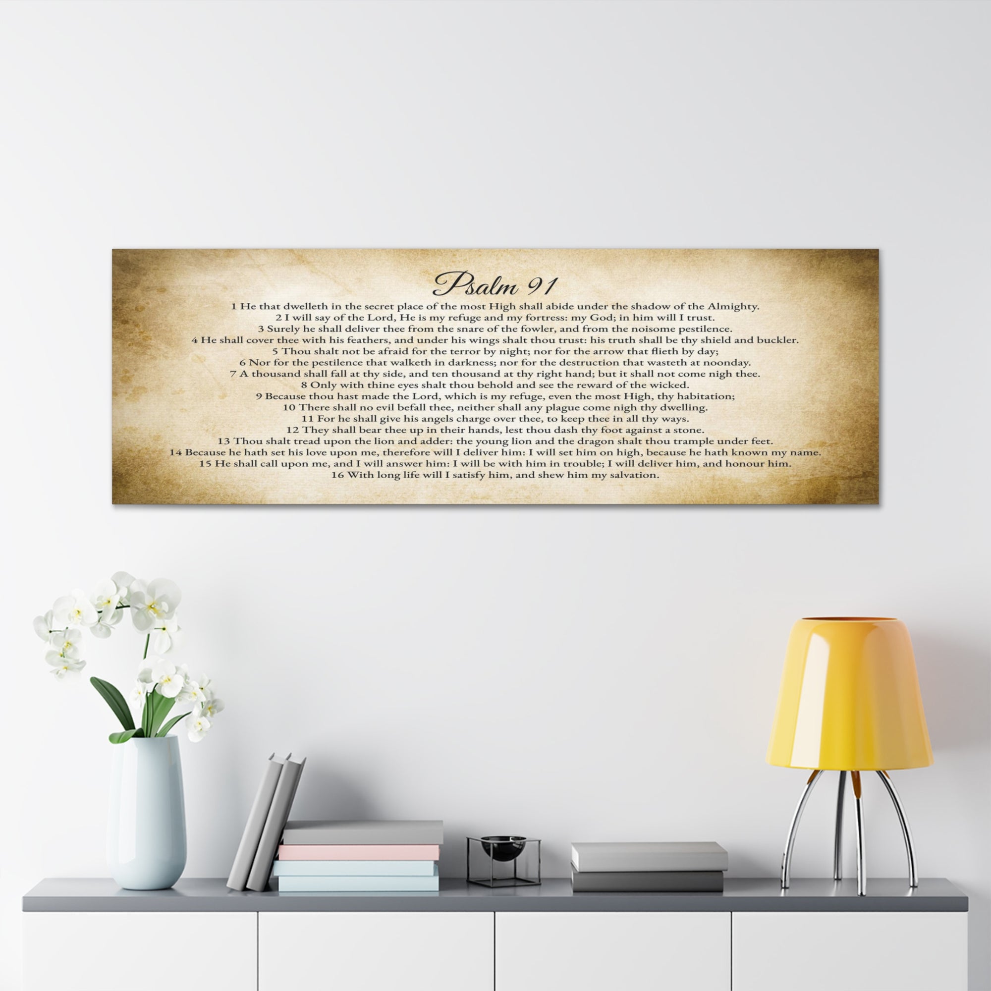 Scripture Walls Psalm 91 English Landscape Gold Bible Verse Canvas Christian Wall Art Ready to Hang Unframed-Express Your Love Gifts