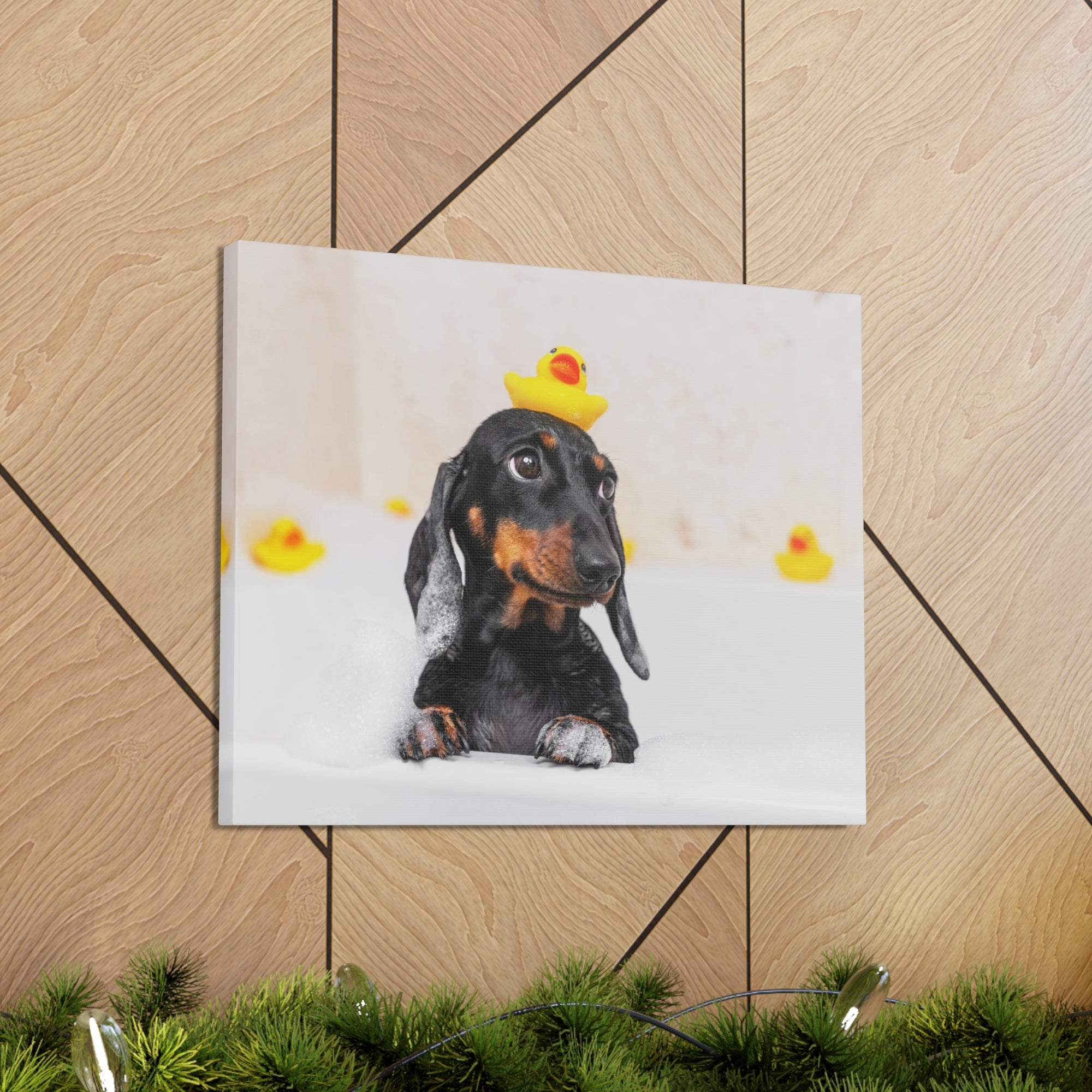 Dachshund In Bathtub With Yellow Duck On Toilet Funny Canvas Wall Art for Home Decor Ready-to-Hand-Express Your Love Gifts