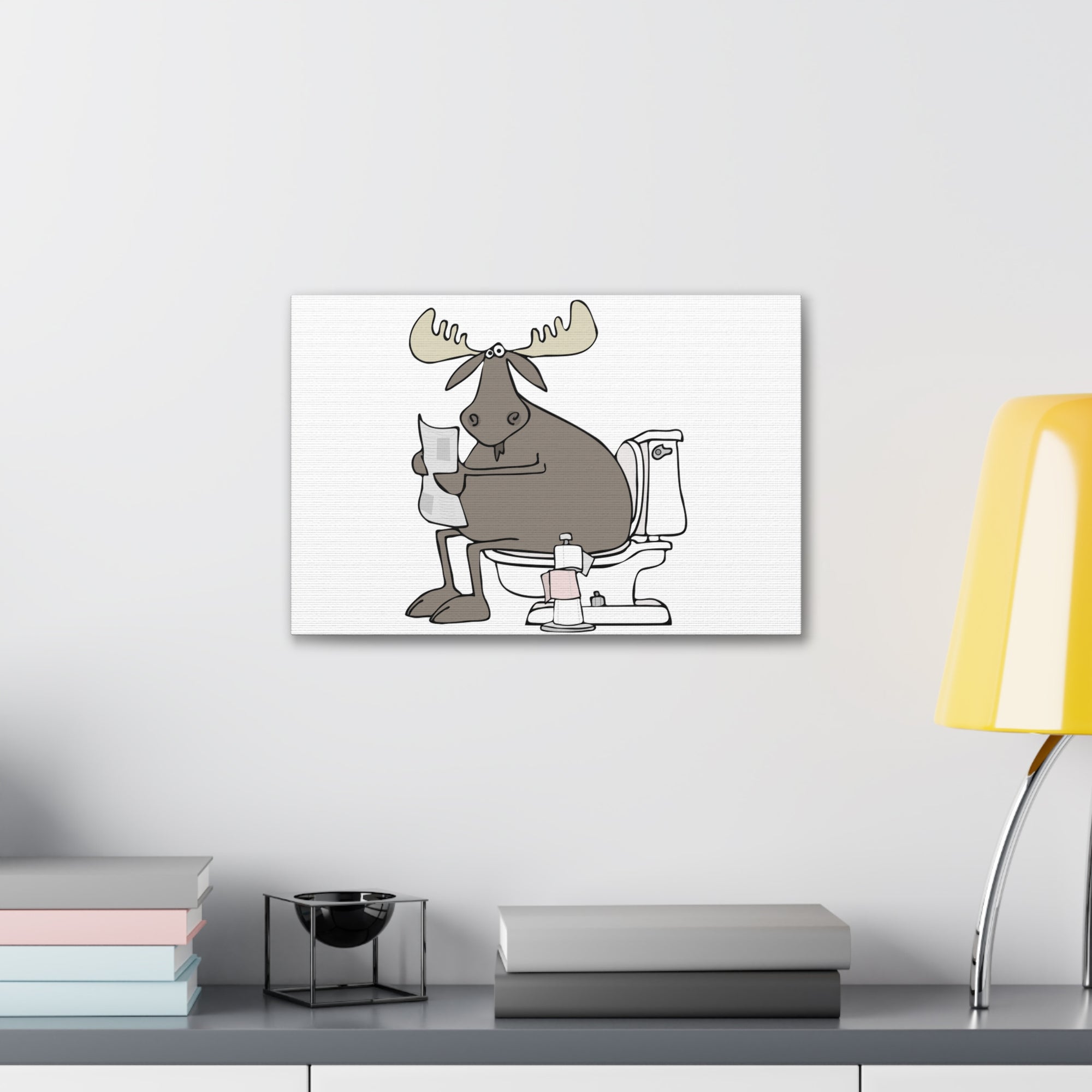 Moose Reading Newspaper On Toilet Funny Canvas Wall Art for Home Decor Ready-to-Hand-Express Your Love Gifts