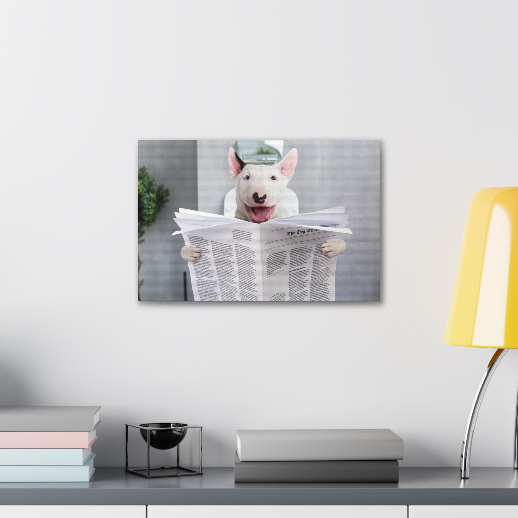 Smiling Bullterrier Reading Newspaper On Toilet Funny Canvas Wall Art for Home Decor Ready-to-Hand-Express Your Love Gifts