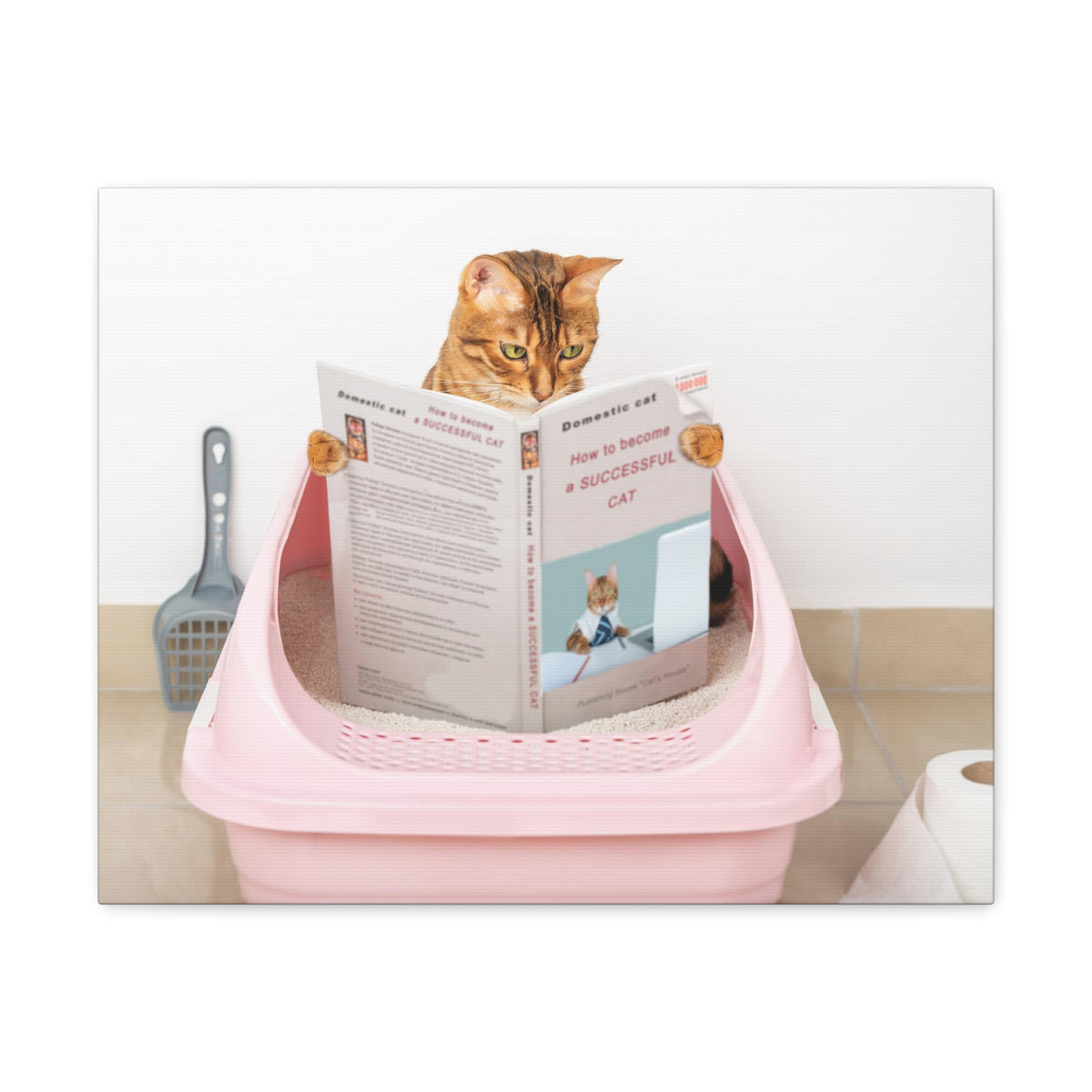 Brown Cat Reading A Book Sitting On Toilet Funny Canvas Wall Art for Home Decor Ready-to-Hand-Express Your Love Gifts