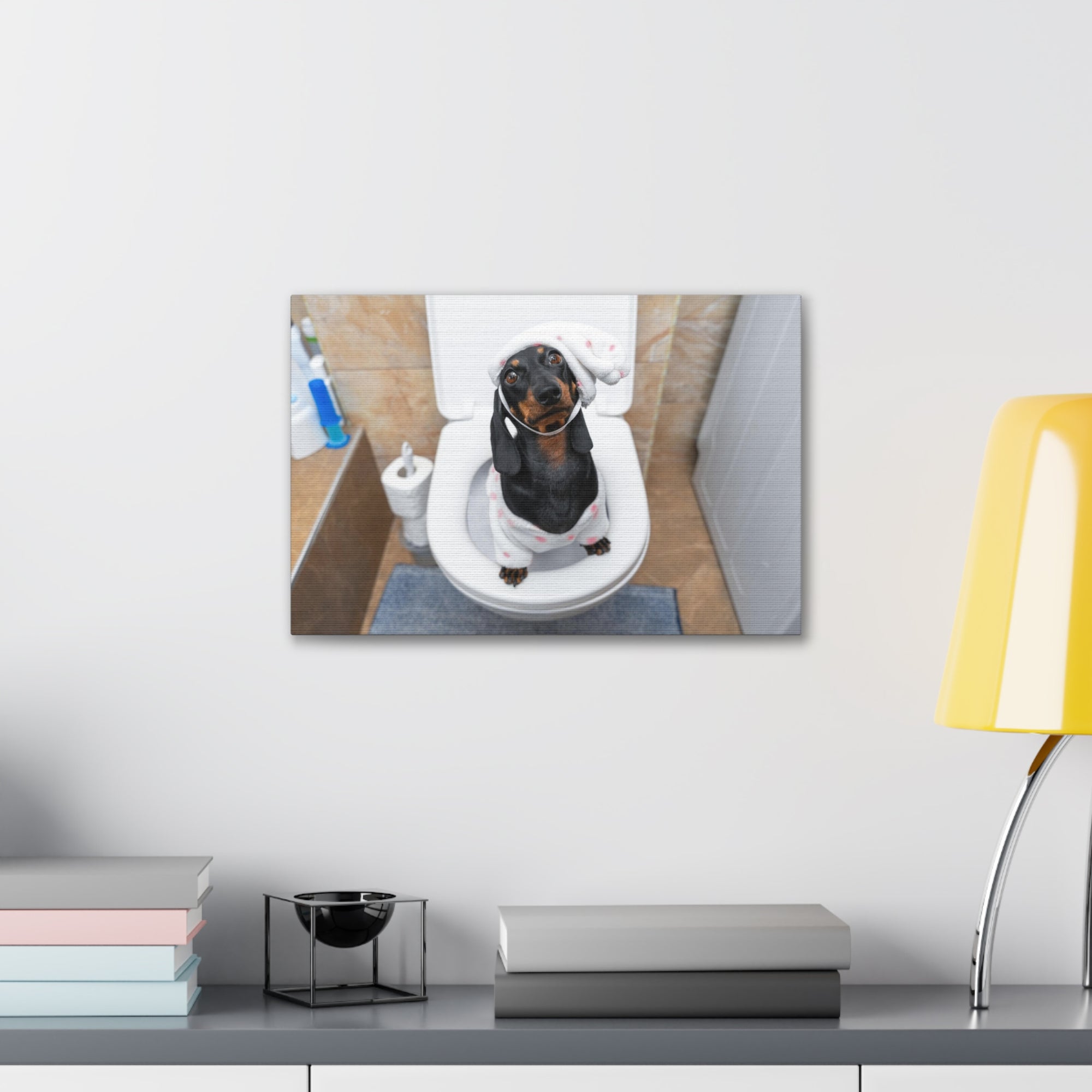 Dachshund Toilet Training In Pajamas On Toilet Funny Canvas Wall Art for Home Decor Ready-to-Hand-Express Your Love Gifts