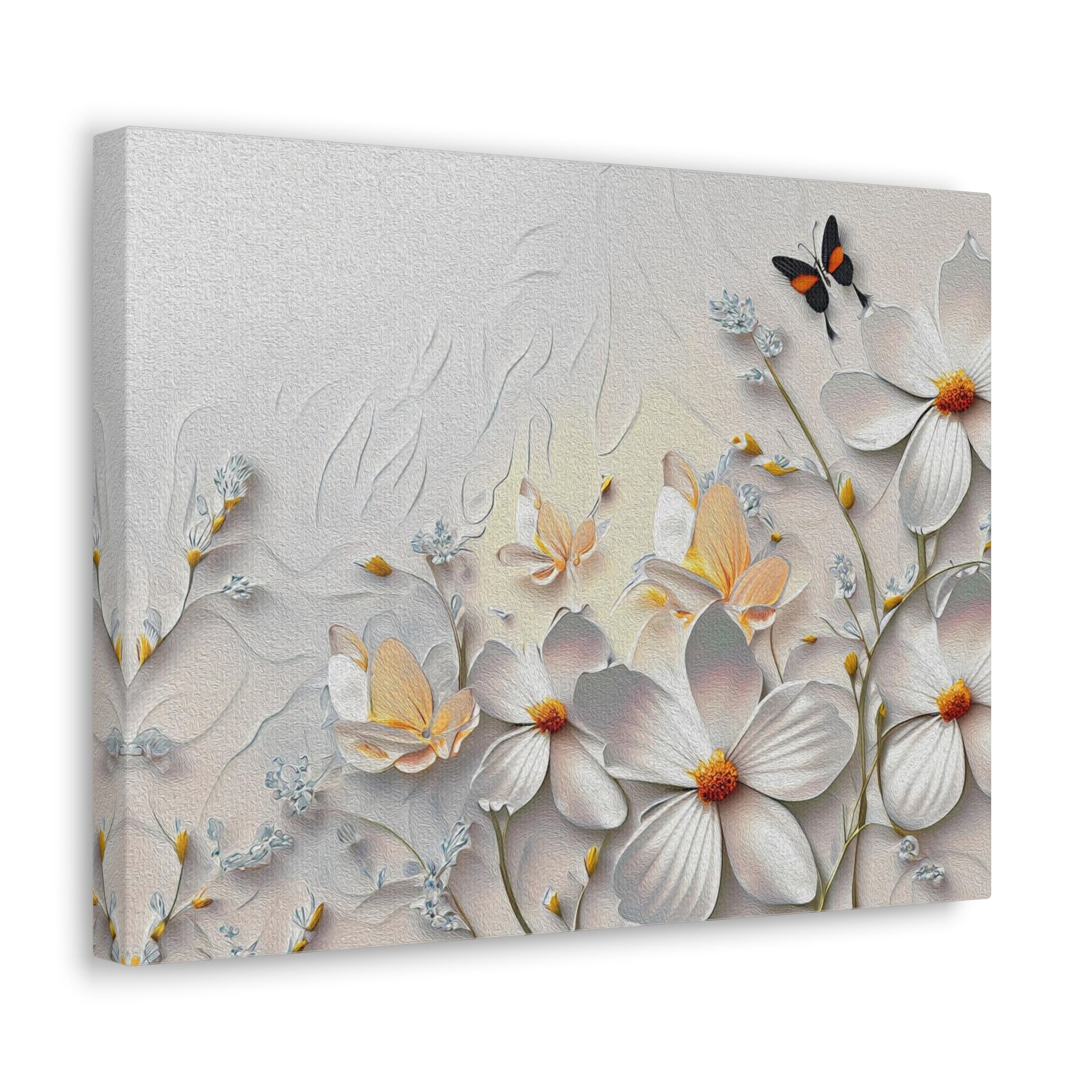 3D Abstract Small And Large White Flowers With Butterflies Oil Painting Canvas Wall Art for Home Decor Ready-to-Hang-Express Your Love Gifts