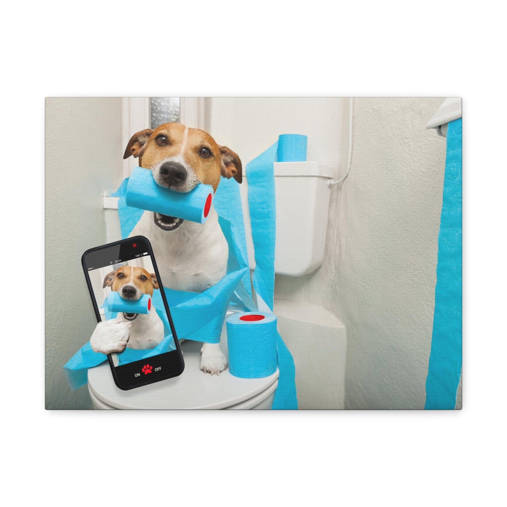 Jack Russell Terrier Holding Phone On Toilet Funny Canvas Wall Art for Home Decor Ready-to-Hand-Express Your Love Gifts