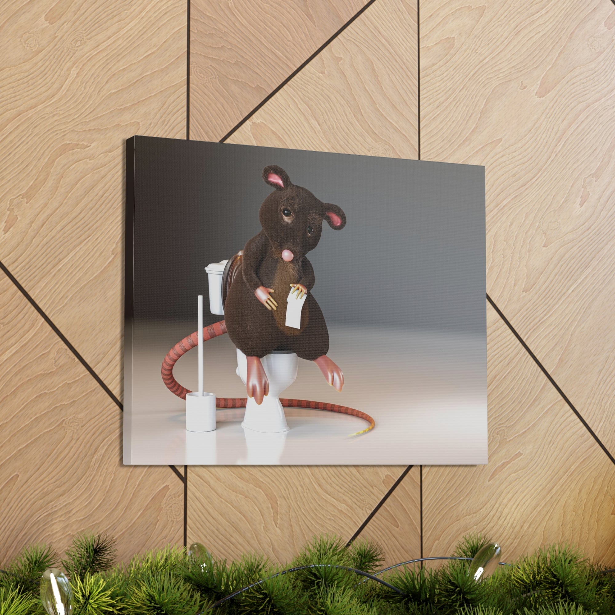 Cute Rat Holding Paper Roll Sitting On Toilet Funny Canvas Wall Art for Home Decor Ready-to-Hand-Express Your Love Gifts