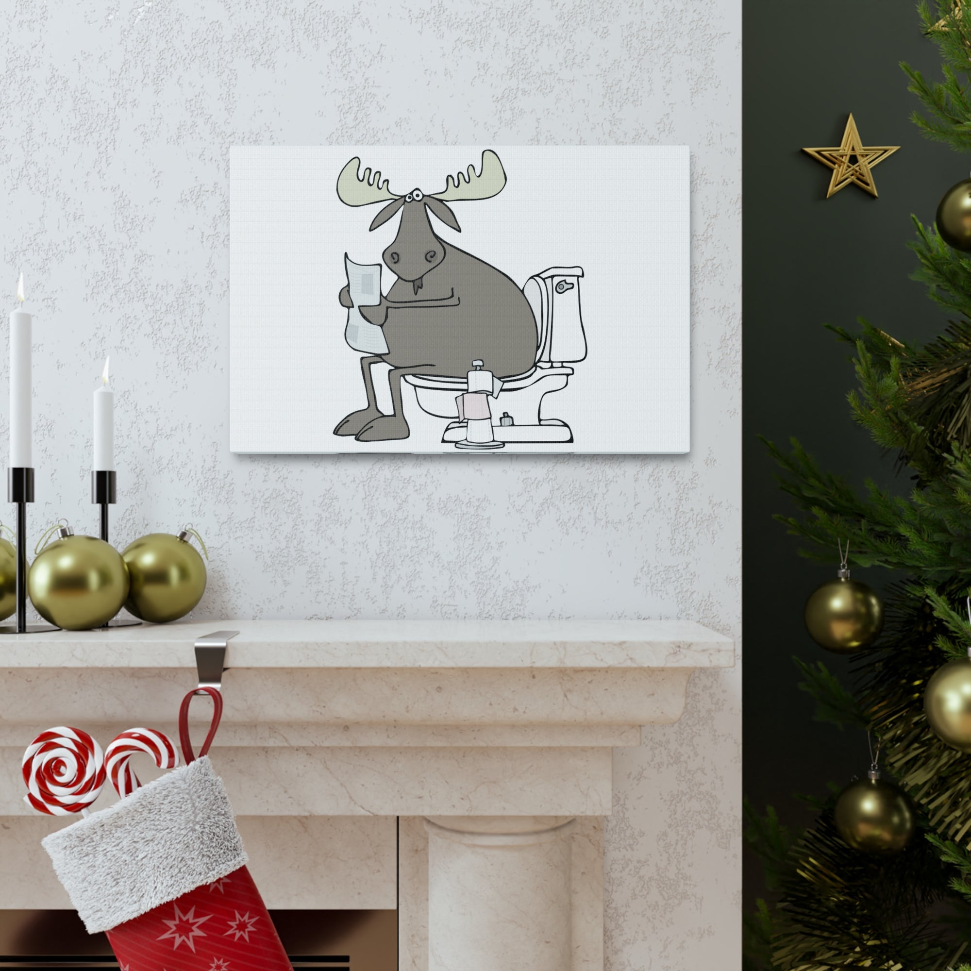 Moose Reading Newspaper On Toilet Funny Canvas Wall Art for Home Decor Ready-to-Hand-Express Your Love Gifts