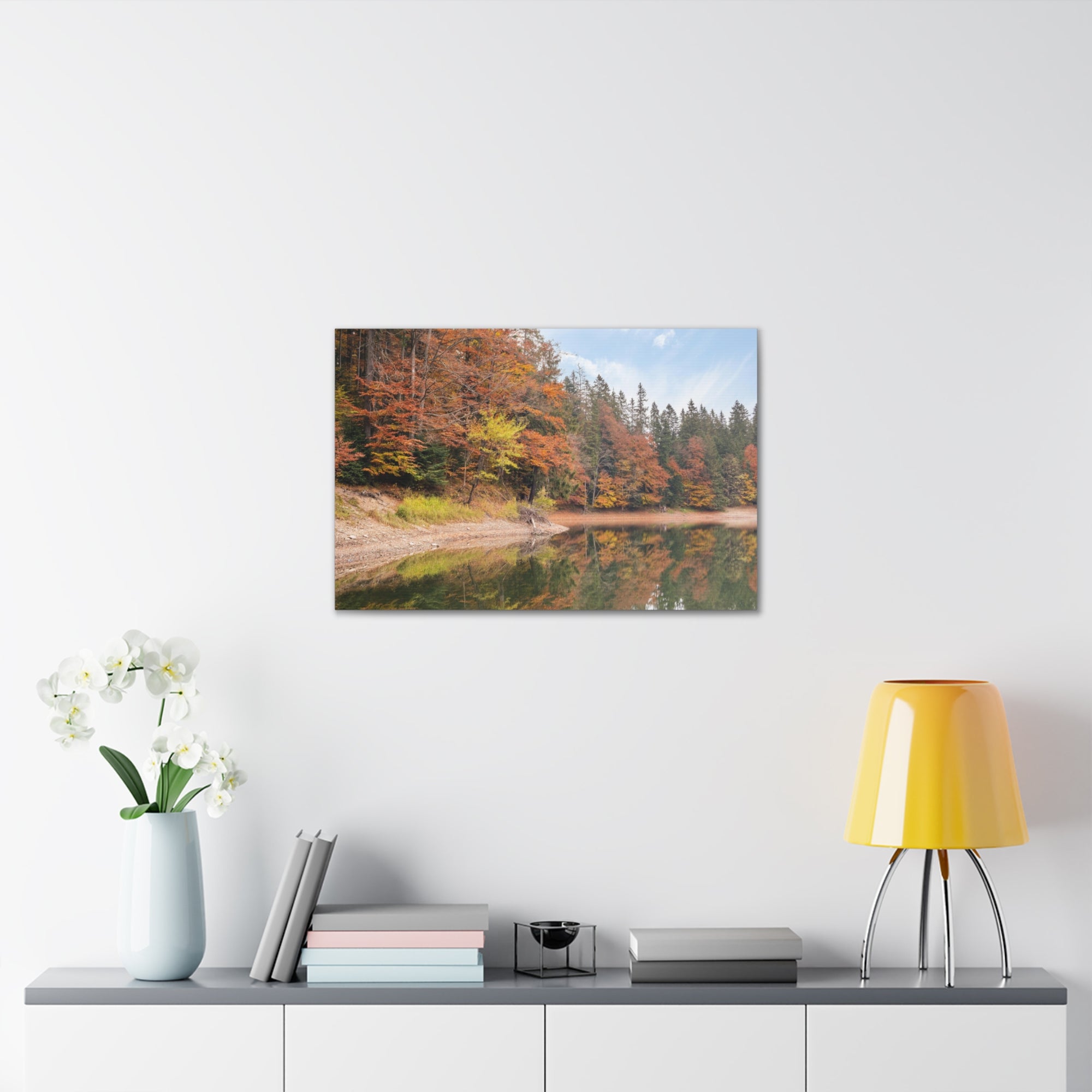 Autumn Forest Lake Orange Leave Tree Nature Wilderness Photography Canvas Wall Art for Home Decor Ready-to-Hang-Express Your Love Gifts