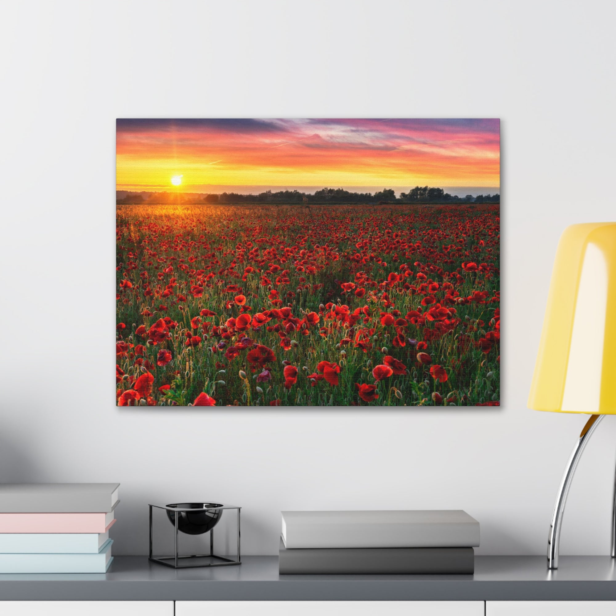 Beautiful Poppy Field During Sunrise Flower Canvas Wall Art for Home Decor Ready-to-Hang-Express Your Love Gifts