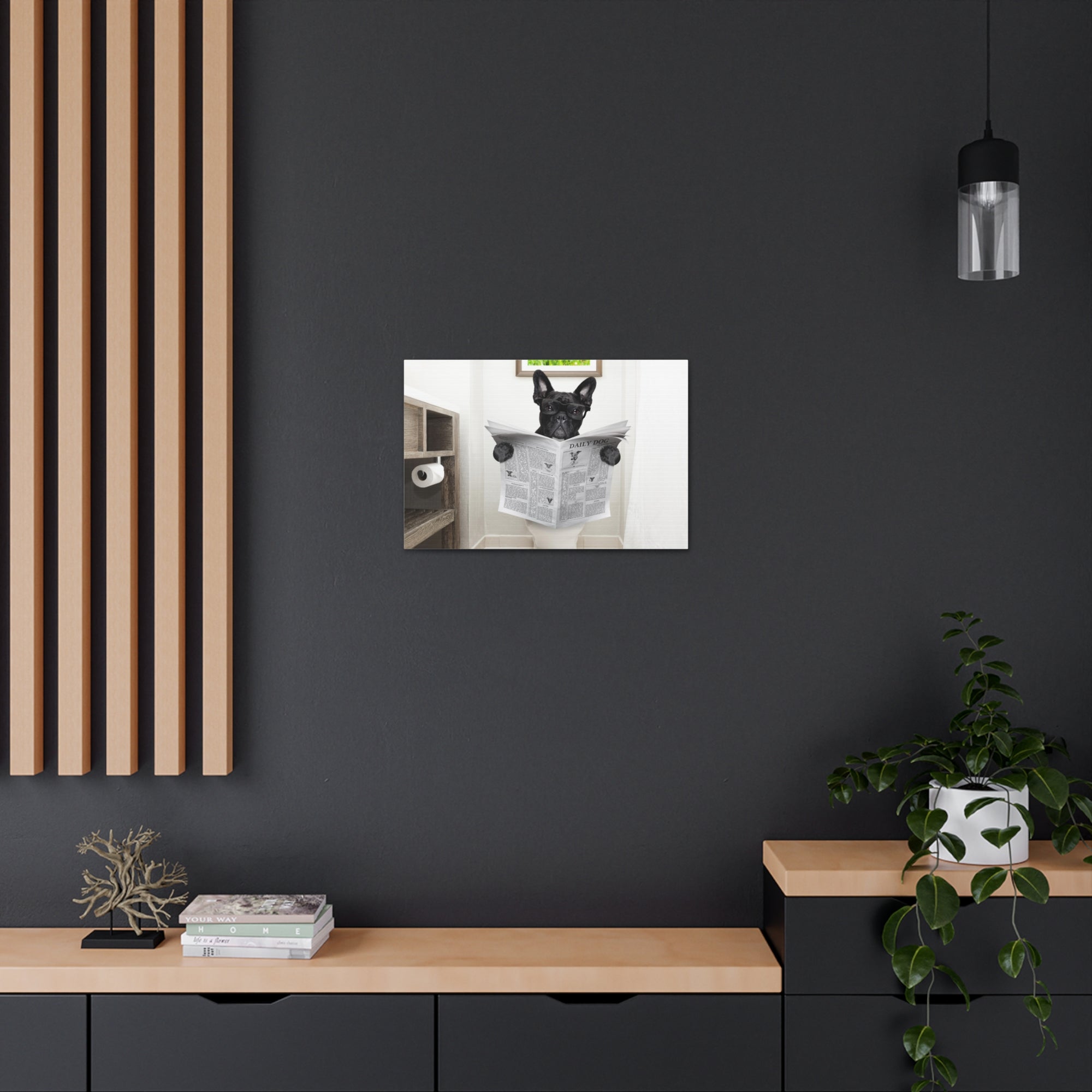 French Bulldog Reading Newspaper On Toilet Funny Canvas Wall Art for Home Decor Ready-to-Hand-Express Your Love Gifts