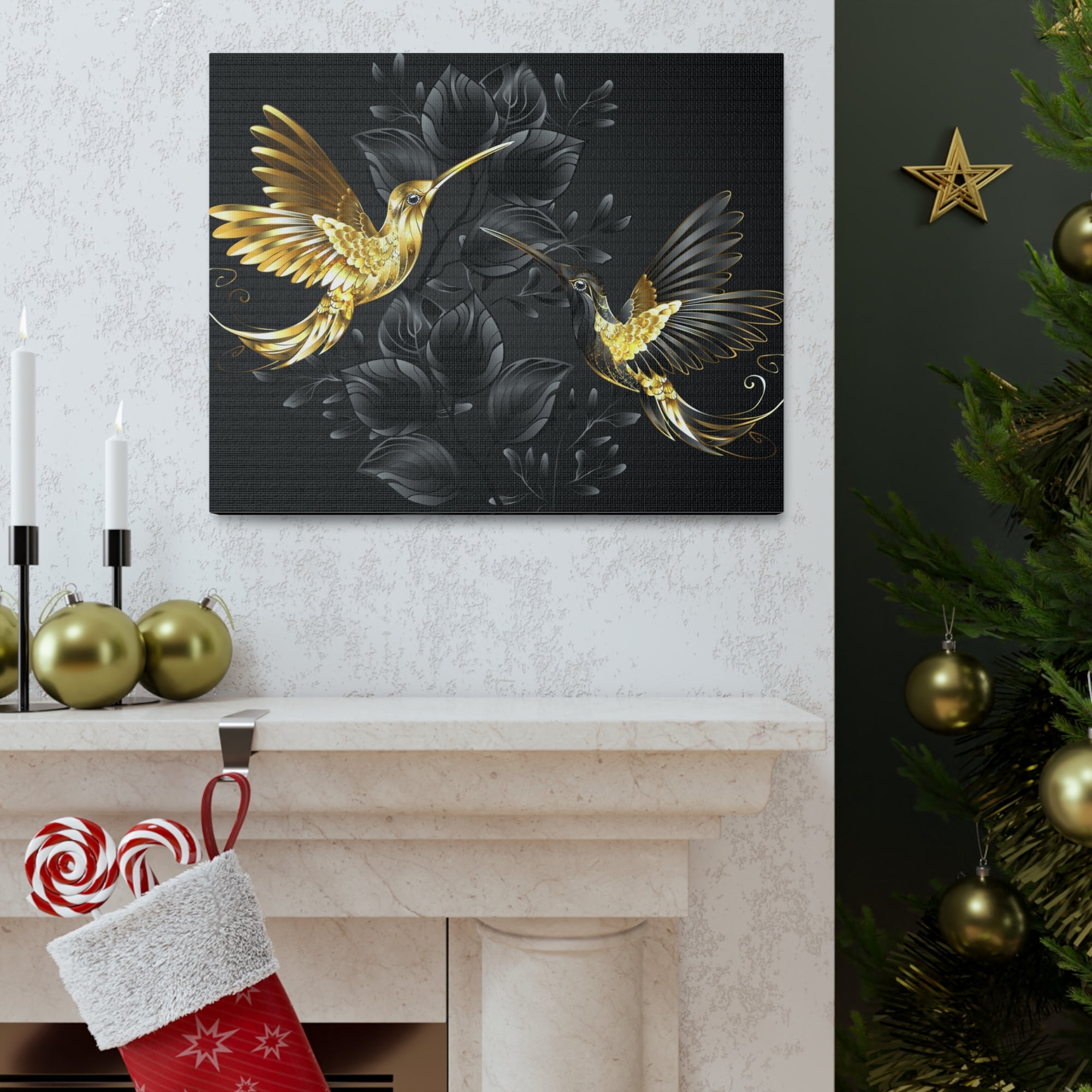 Black Gold Jewelry Hummingbirds With Flowers Canvas Wall Art for Home Decor Ready-to-Hang-Express Your Love Gifts