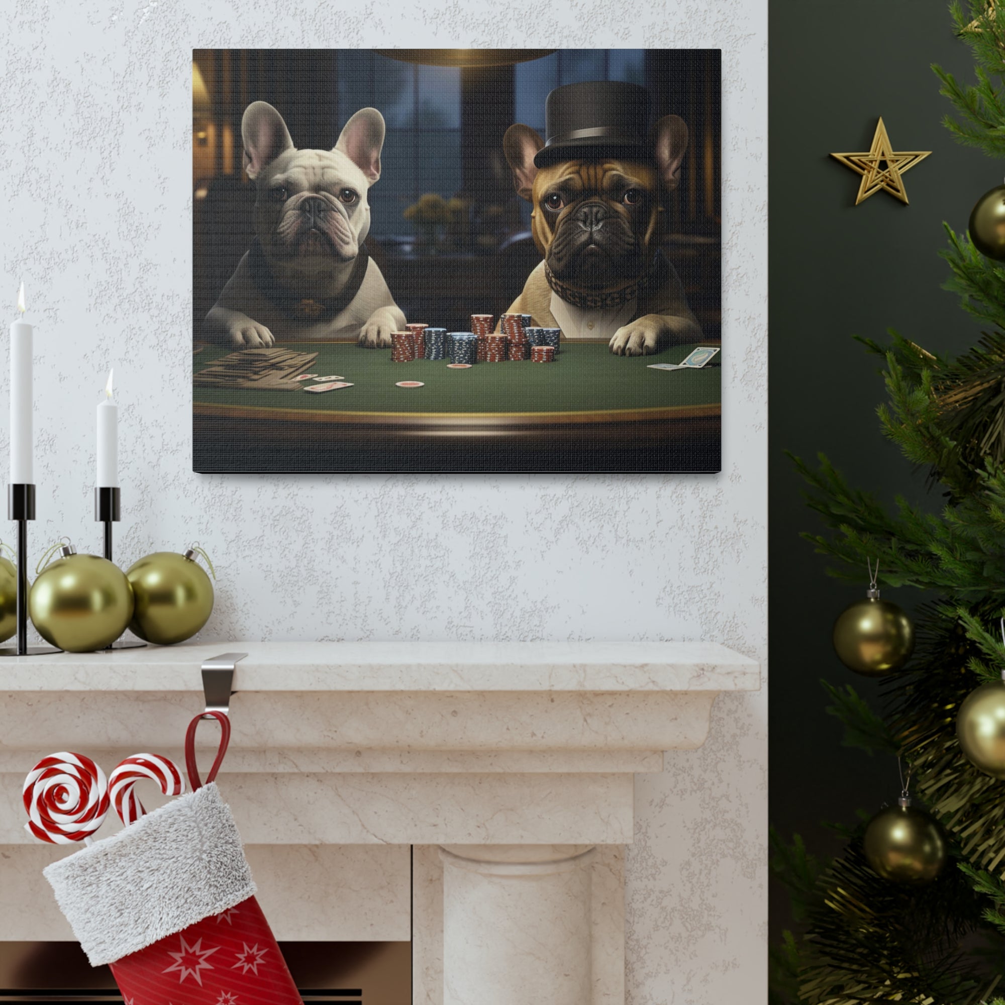 French Bulldogs Playing Poker Animals Playing Card Canvas Wall Art for Home Decor Ready-to-Hang-Express Your Love Gifts