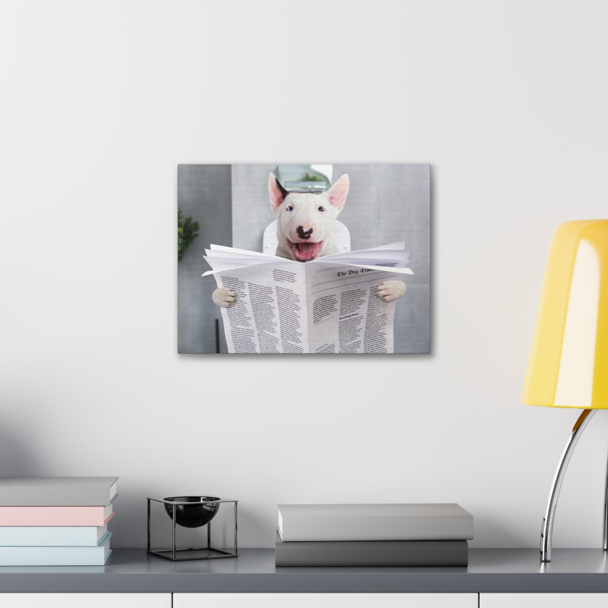 Smiling Bullterrier Reading Newspaper On Toilet Funny Canvas Wall Art for Home Decor Ready-to-Hand-Express Your Love Gifts