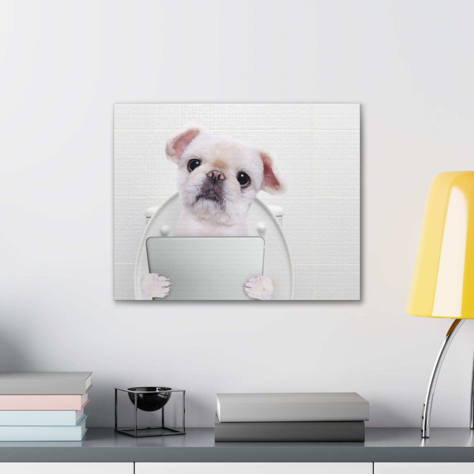 Cute Dog Holding Tablet PC Sitting On Toilet Funny Canvas Wall Art for Home Decor Ready-to-Hand-Express Your Love Gifts