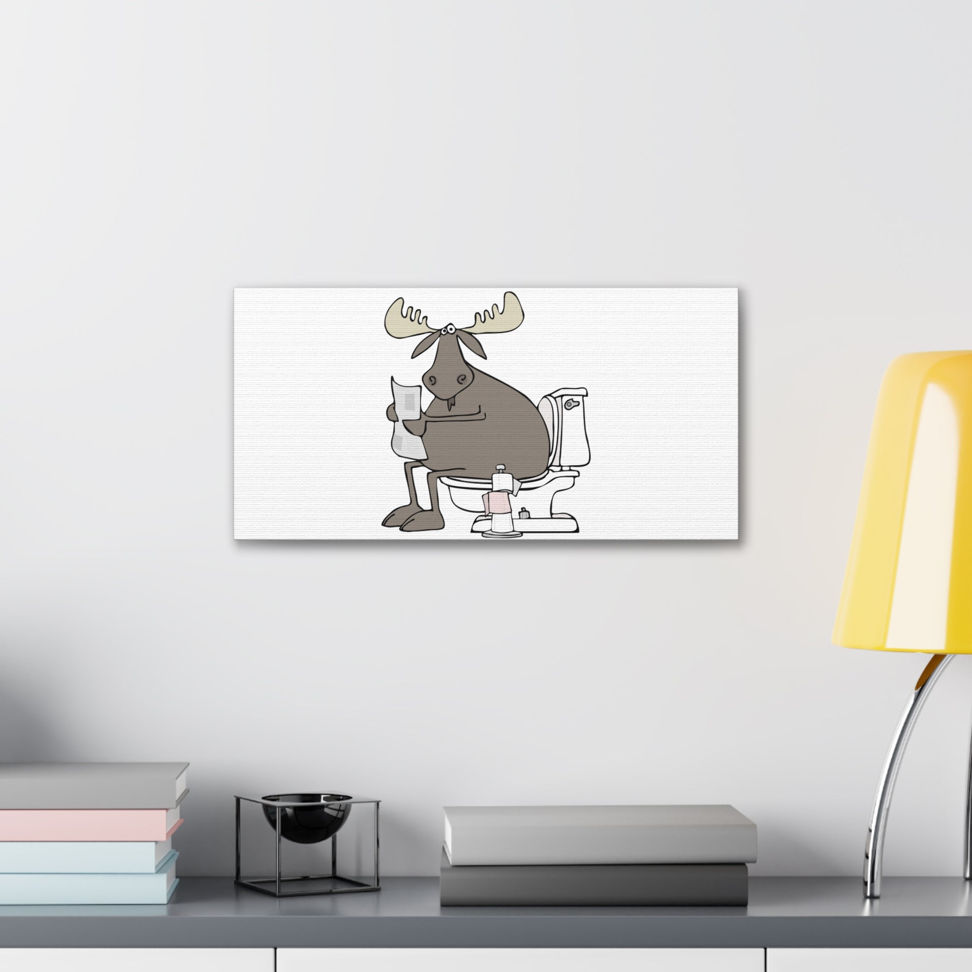 Moose Reading Newspaper On Toilet Funny Canvas Wall Art for Home Decor Ready-to-Hand-Express Your Love Gifts