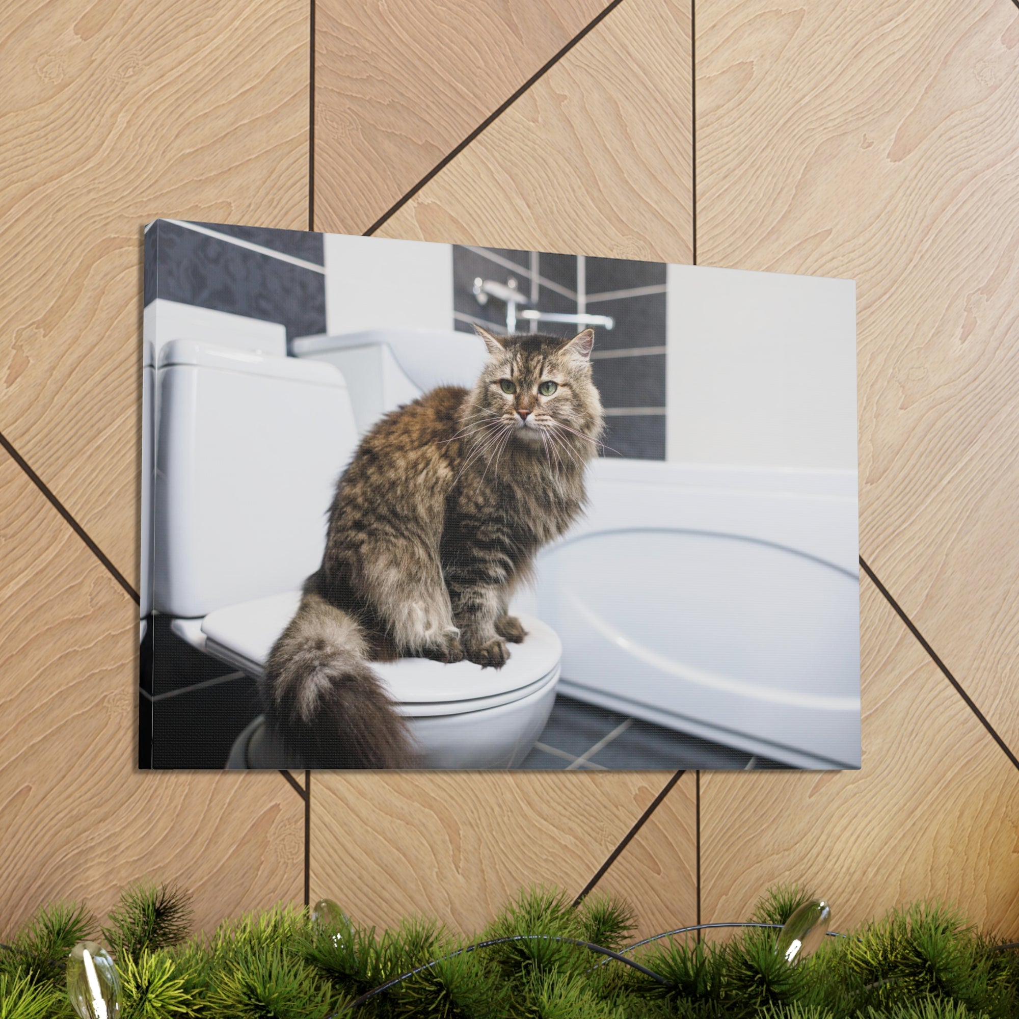 Cute Cat Sitting On Toilet Funny Canvas Wall Art for Home Decor Ready-to-Hand-Express Your Love Gifts