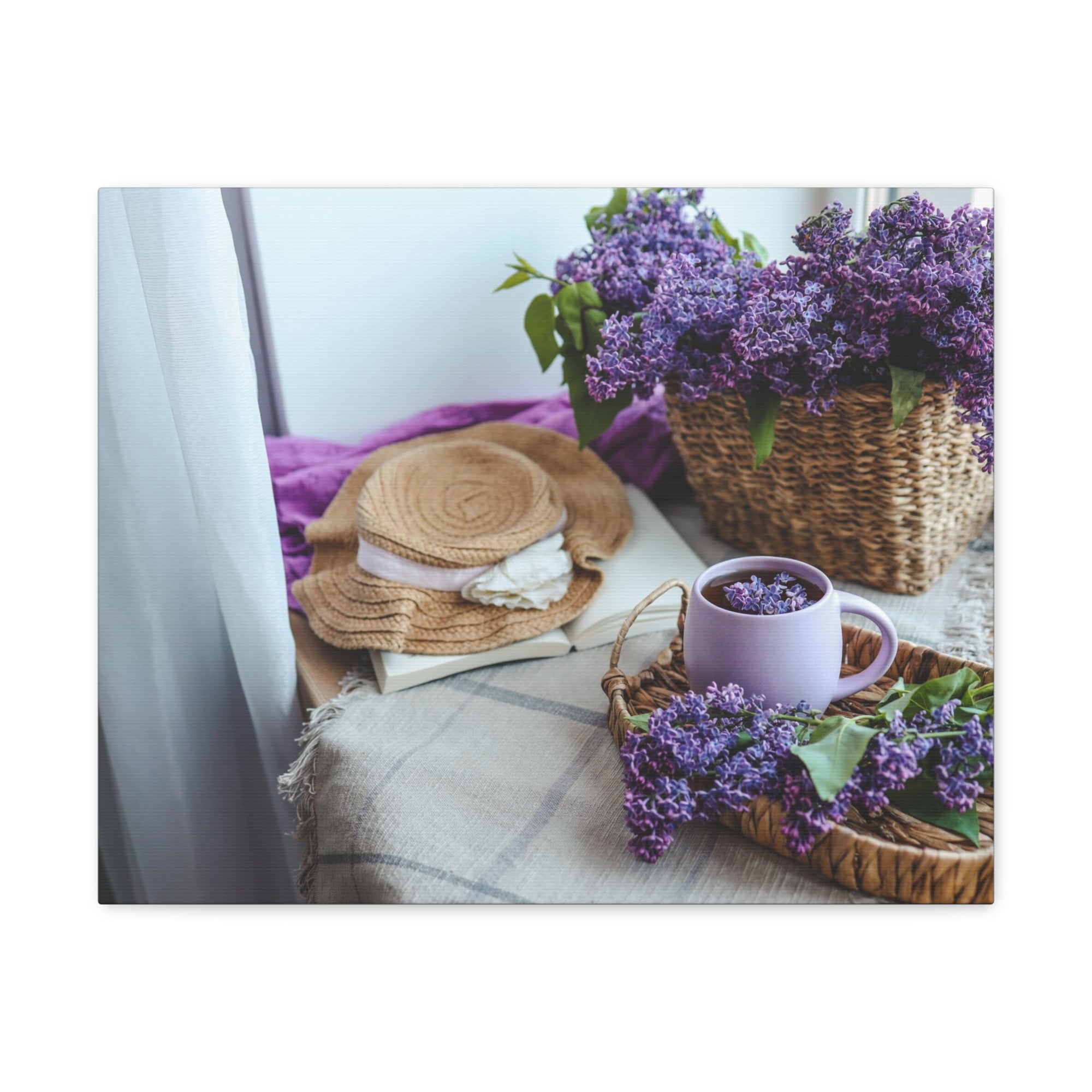 Basket Of Lilacs Straw Hat Teacup On Table Country Background Canvas Wall Art for Home Decor Ready-to-Hang-Express Your Love Gifts