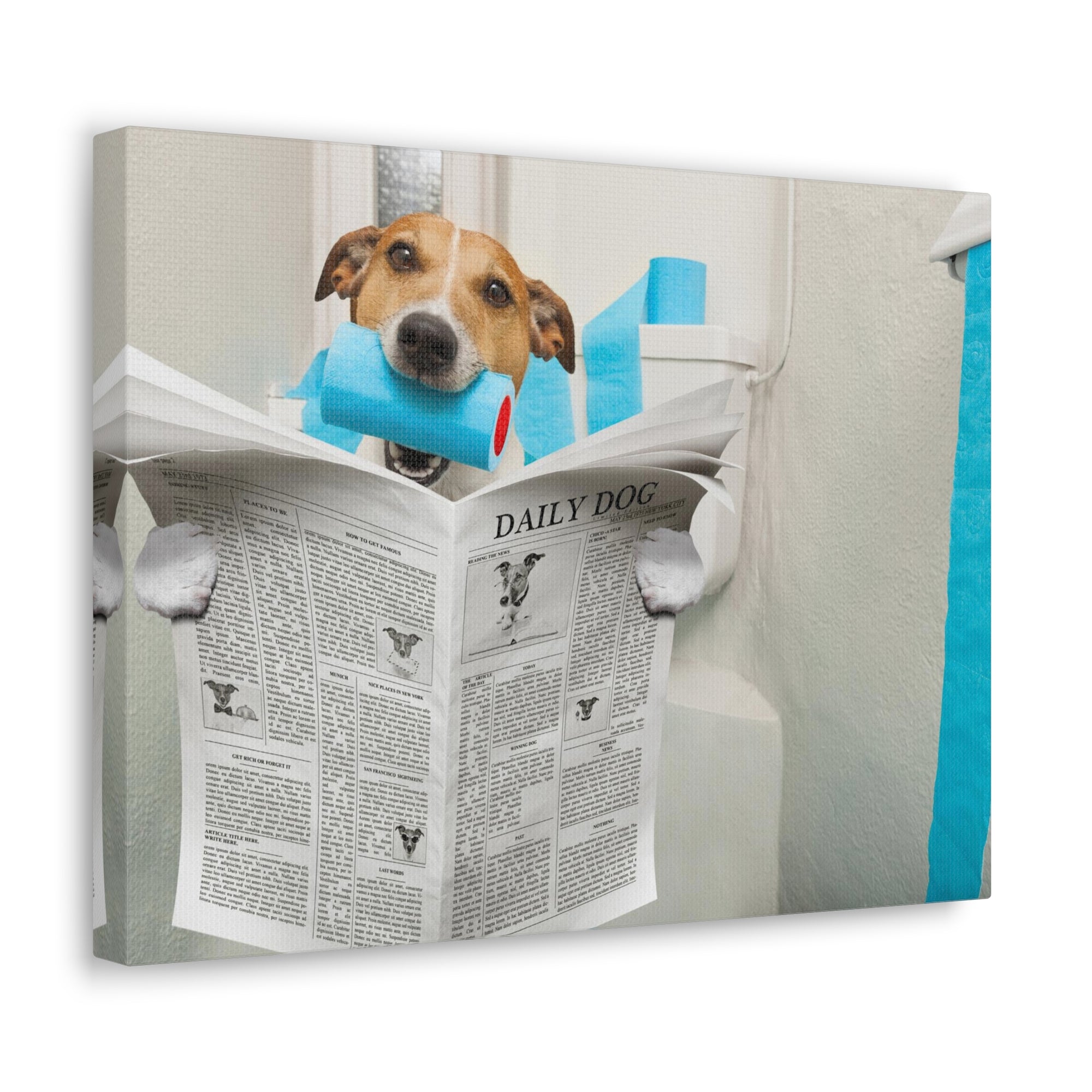 Jack Russell Terrier Biting Tissue Reading Newspaper On Toilet Funny Canvas Wall Art for Home Decor Ready-to-Hand-Express Your Love Gifts