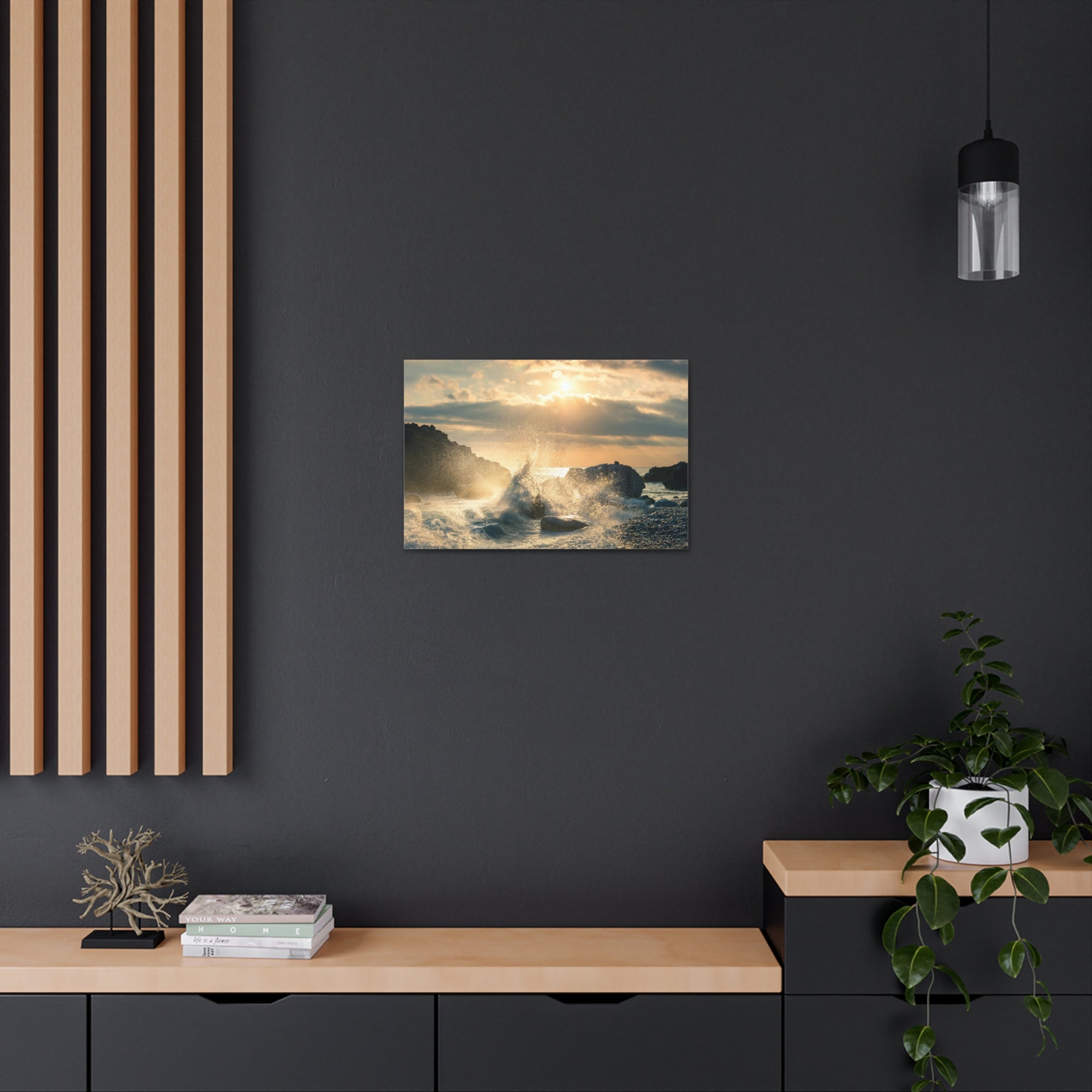 Big Wave Hit Rock At Beach Sunset Seascape Ocean Canvas Wall Art for Home Decor Ready-to-Hang-Express Your Love Gifts