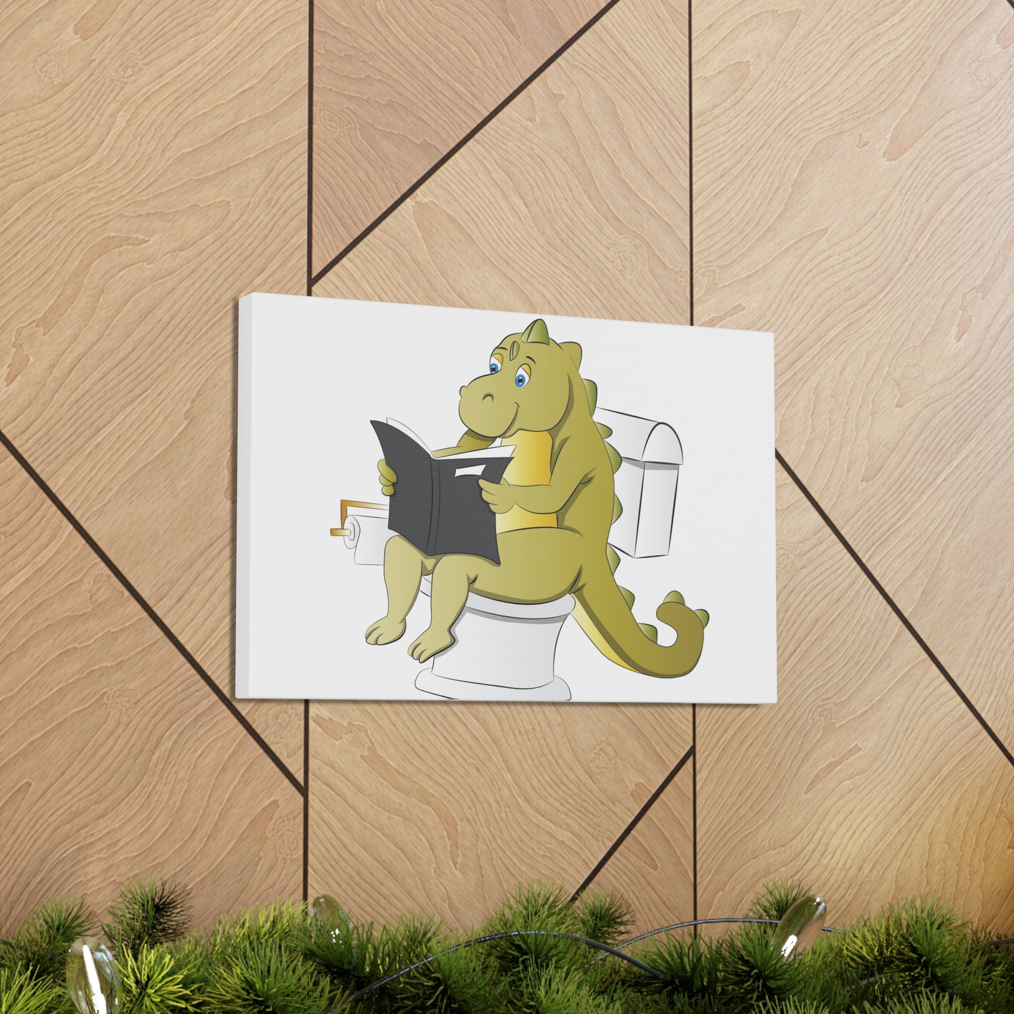 Dinosaur Sitting Reading Newspaper On Toilet Funny Canvas Wall Art for Home Decor Ready-to-Hand-Express Your Love Gifts