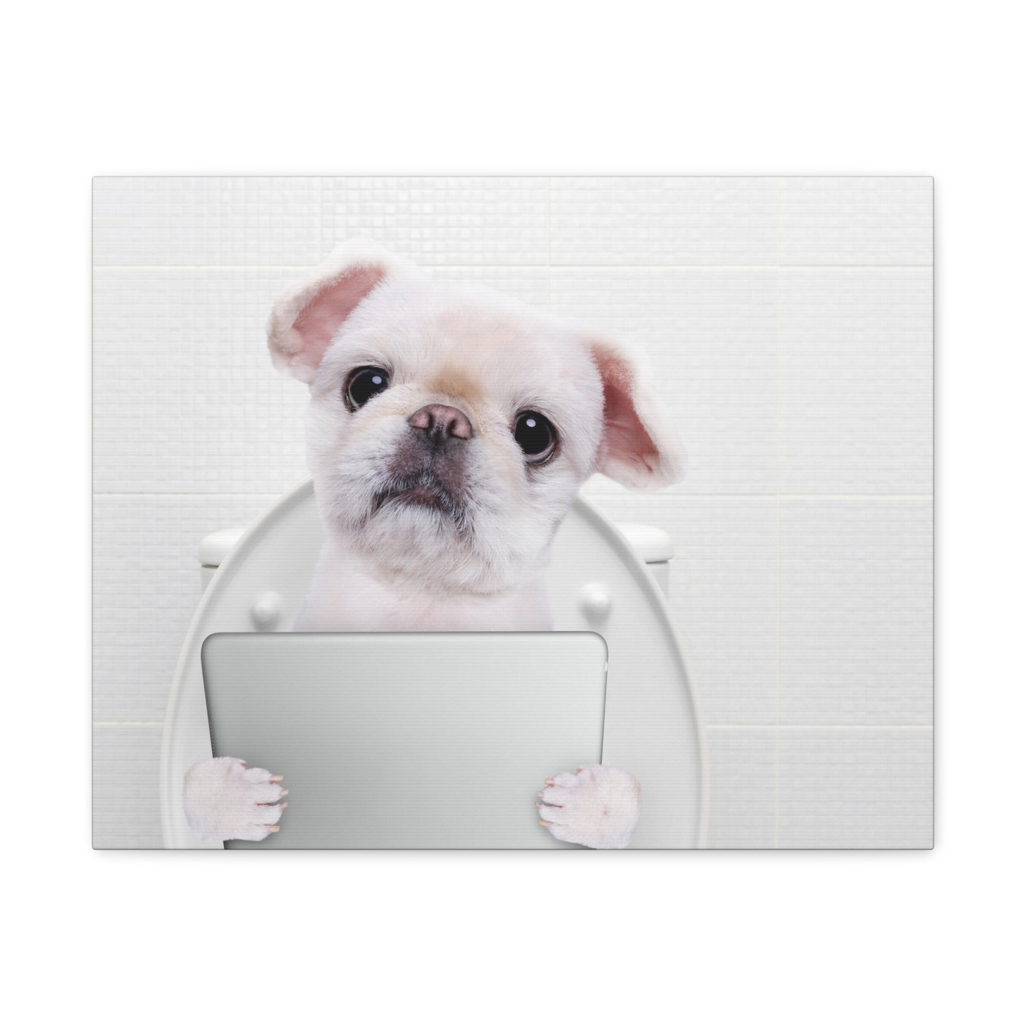 Cute Dog Holding Tablet PC Sitting On Toilet Funny Canvas Wall Art for Home Decor Ready-to-Hand-Express Your Love Gifts