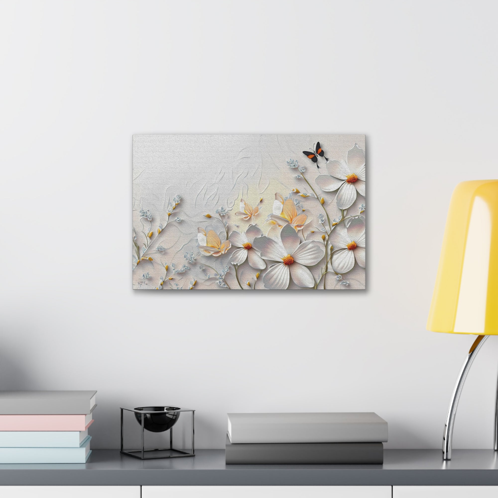 3D Abstract Small And Large White Flowers With Butterflies Oil Painting Canvas Wall Art for Home Decor Ready-to-Hang-Express Your Love Gifts