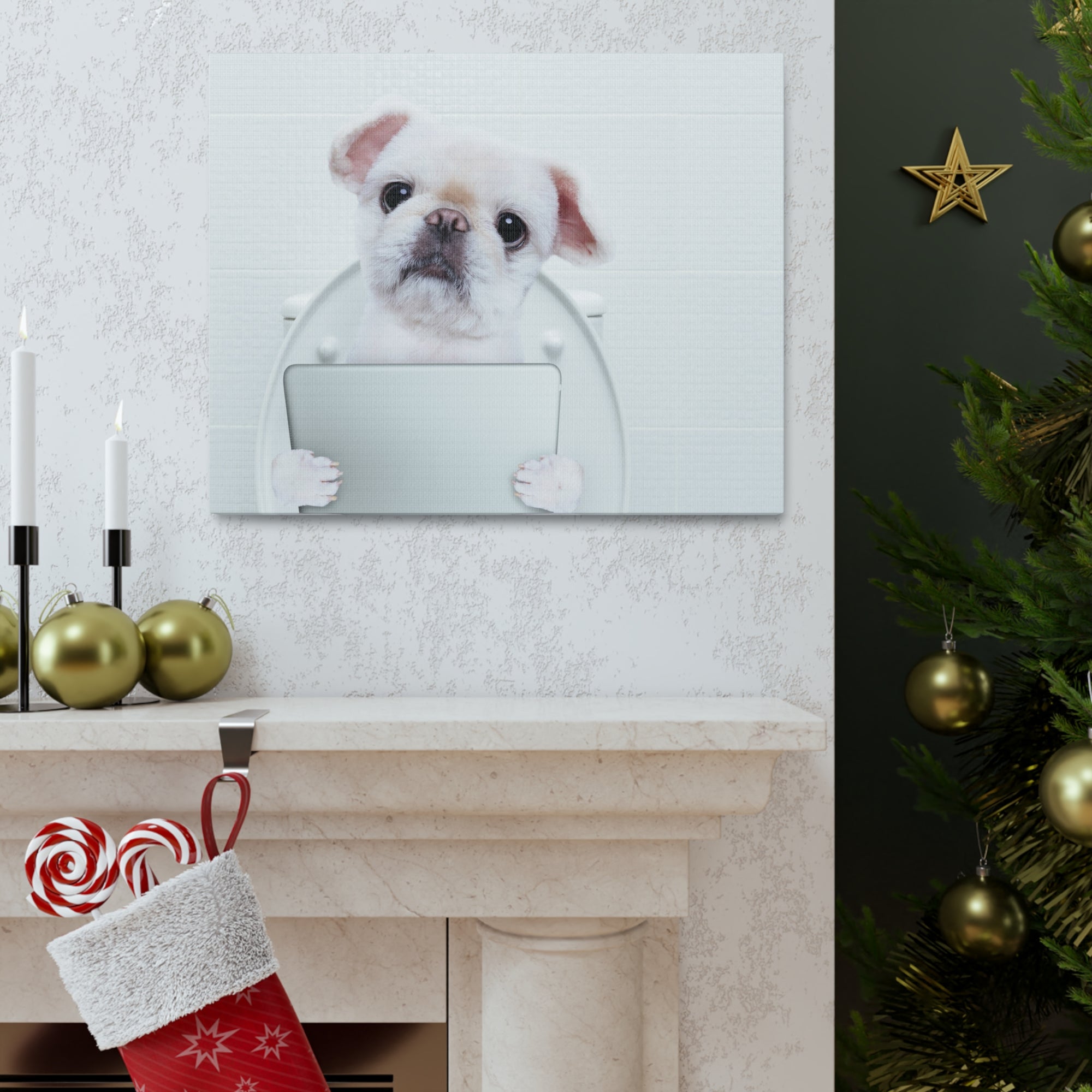 Cute Dog Holding Tablet PC Sitting On Toilet Funny Canvas Wall Art for Home Decor Ready-to-Hand-Express Your Love Gifts