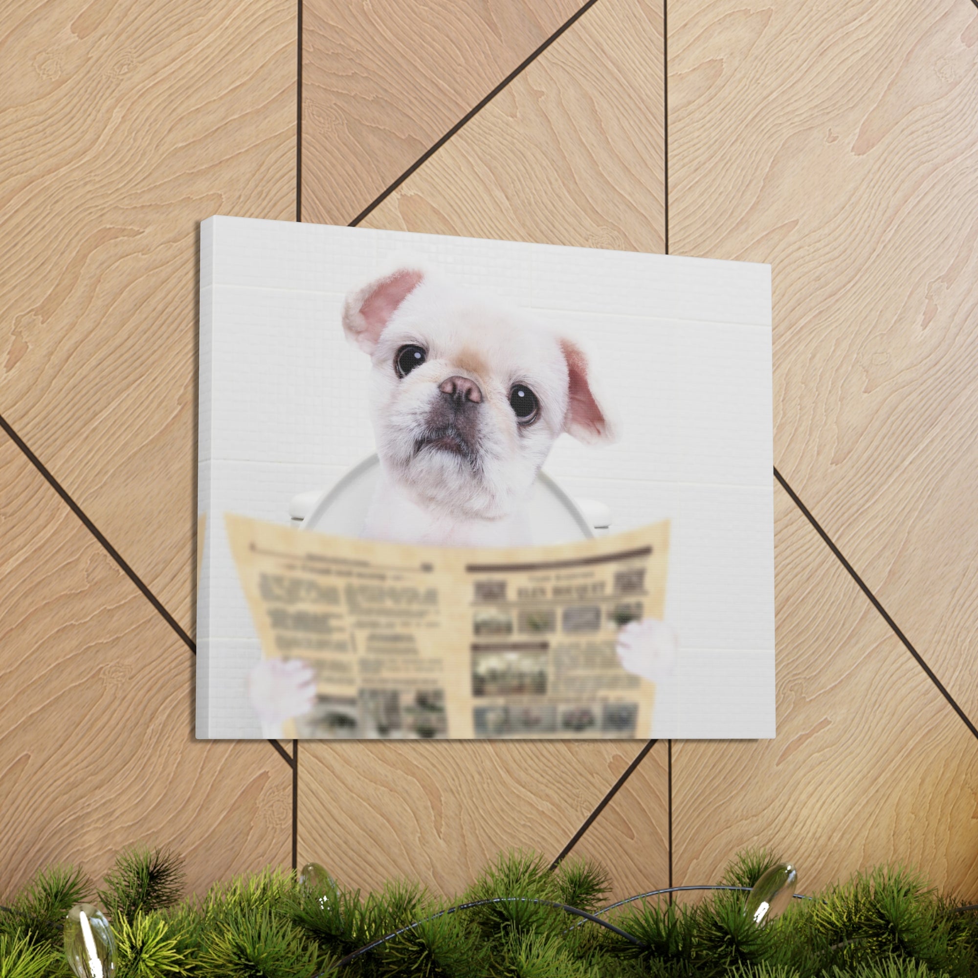 Cute Dog Reading Newspaper On Toilet Funny Canvas Wall Art for Home Decor Ready-to-Hand-Express Your Love Gifts