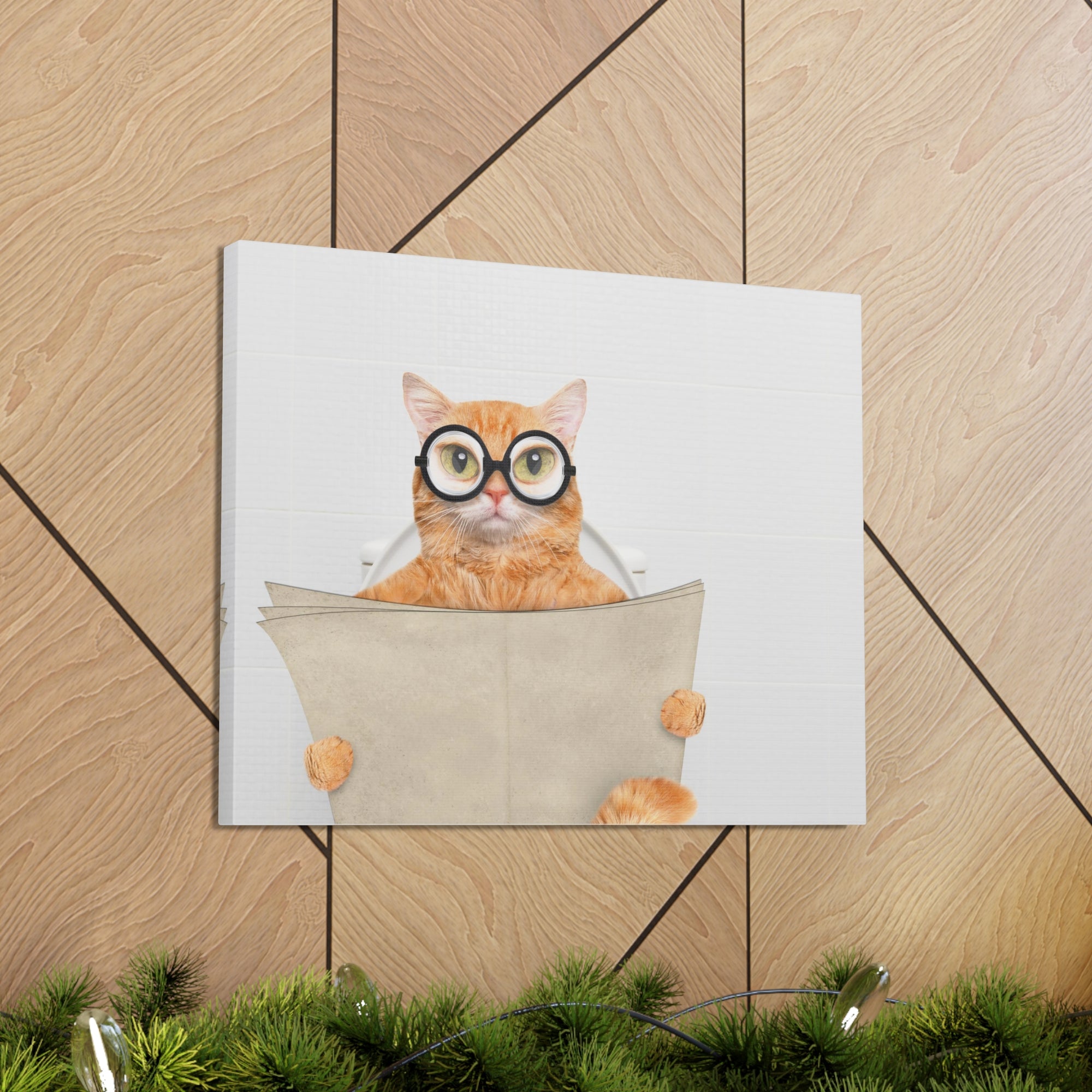 Cat Wearing Glasses Reading Newspaper On Toilet Funny Canvas Wall Art for Home Decor Ready-to-Hand-Express Your Love Gifts